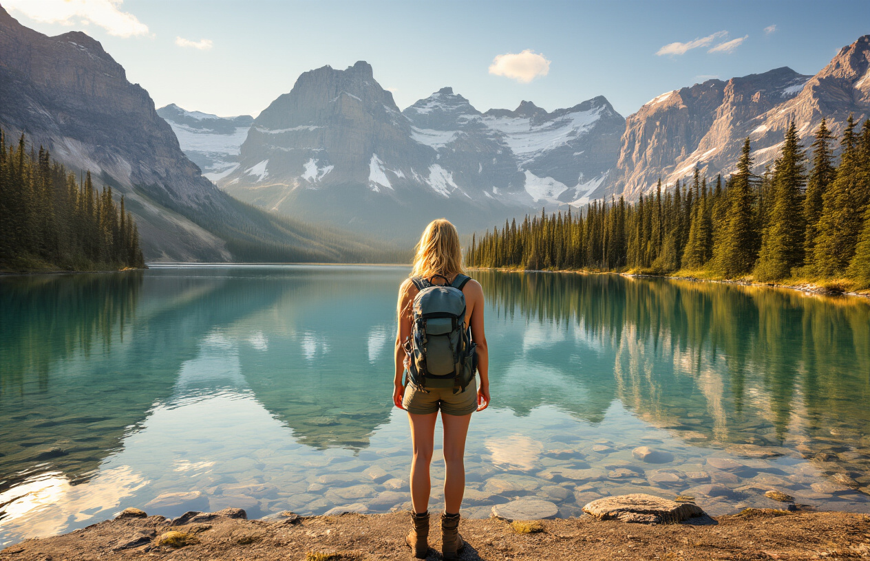 realistic image of a breathtaking Canadian wilderness scene featuring a white female hiker with a simple backpack standing at the edge of a calm, glassy lake surrounded by dense pine forests and rocky mountains in the background, with the hiker gazing naturally into the landscape as if deeply familiar with it, warm golden afternoon light casting a soft glow over the scene, evoking a sense of peaceful solitude and authentic connection with nature rather than a staged tourist experience. Absolutely NO text should be in the scene.