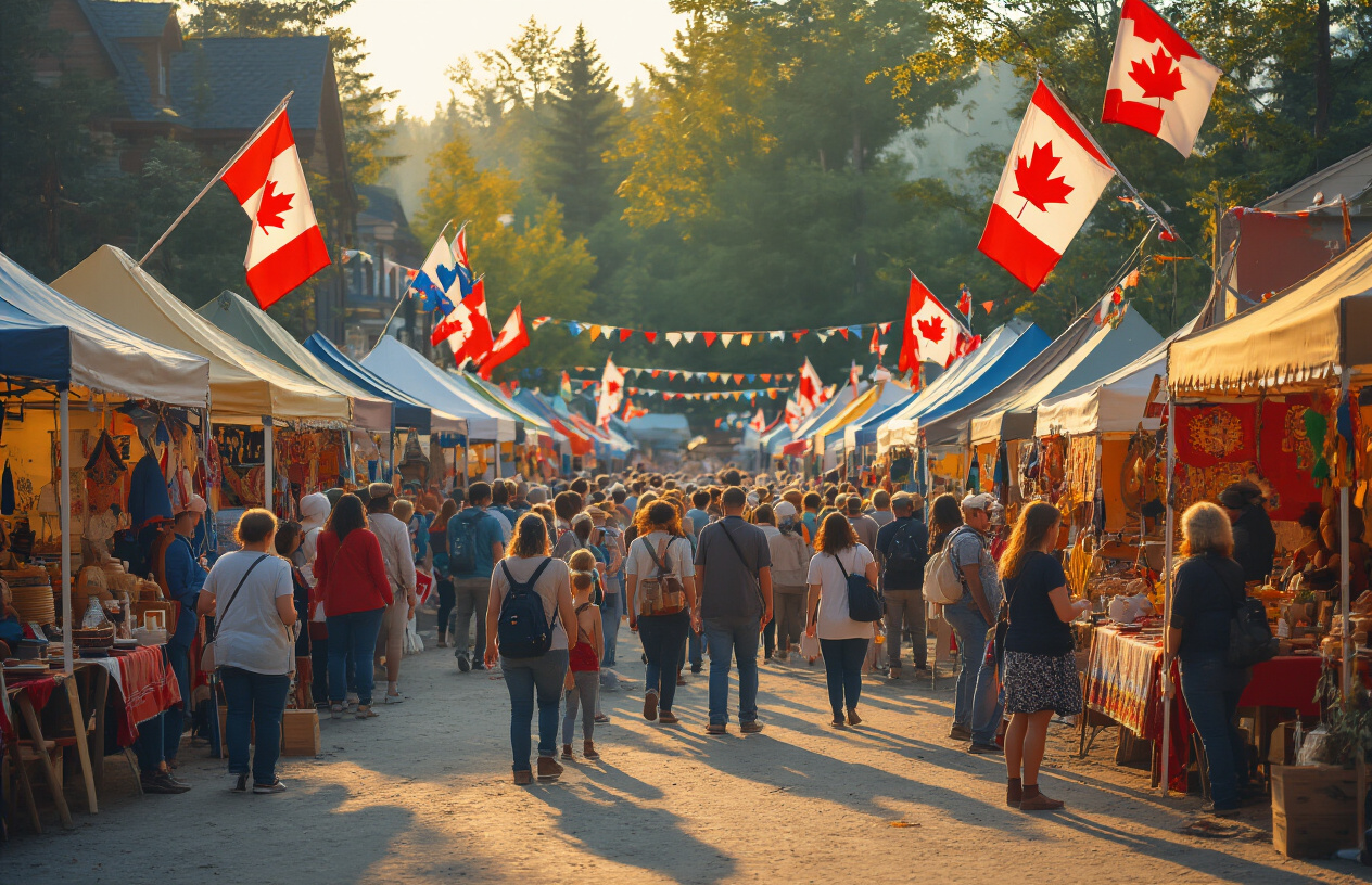 realistic image of a lively outdoor Canadian cultural festival scene with a diverse crowd of people enjoying local performances, colorful market stalls displaying handmade crafts and local food, and traditional Canadian flags and decorations in the background, with warm golden hour lighting casting a festive and welcoming atmosphere, capturing the authentic community spirit of a local event. Absolutely NO text should be in the scene.
