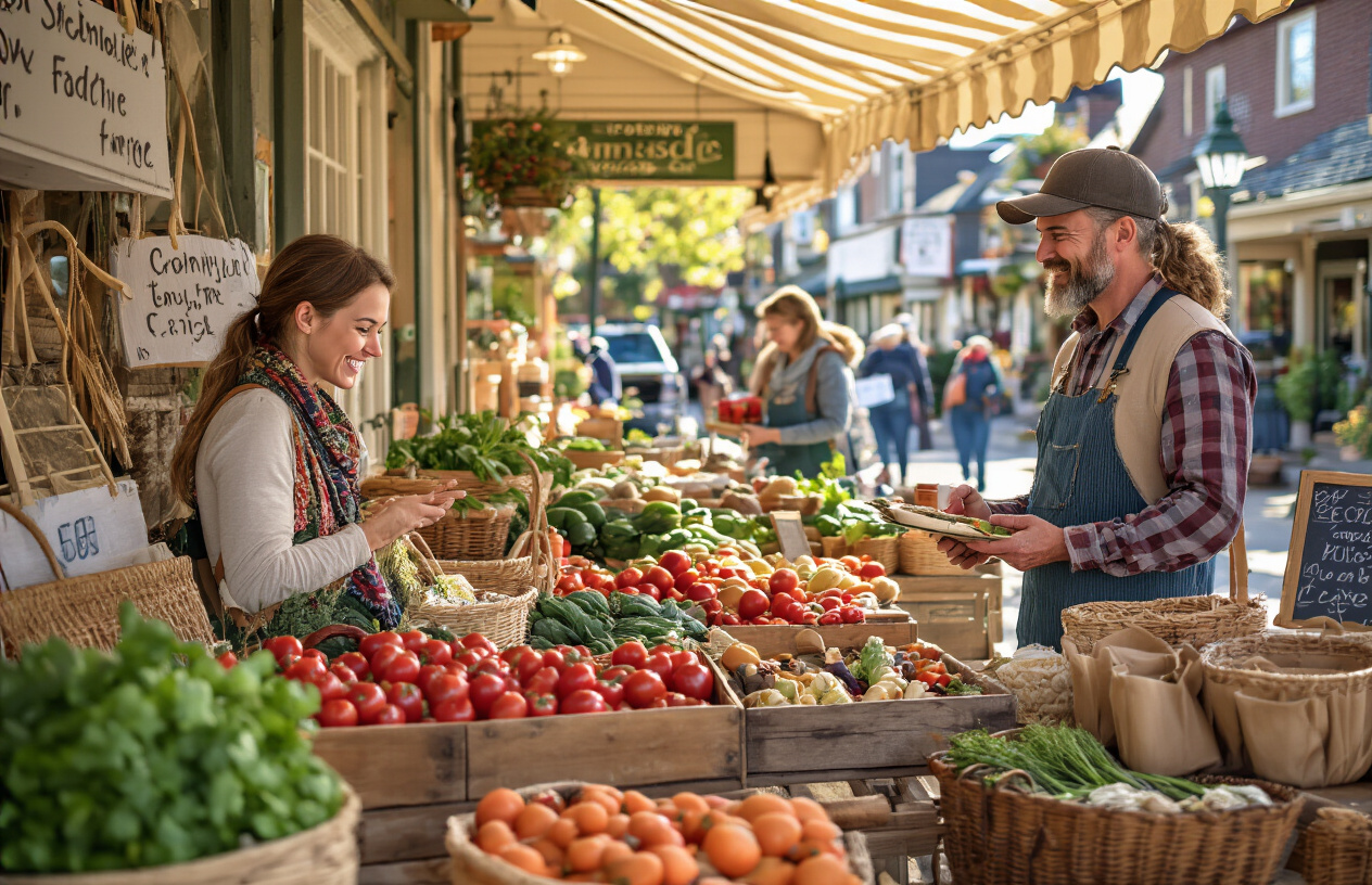 realistic image of a bustling Canadian farmers market or local artisan shop, featuring a white female shopper smiling as she browses handmade goods and fresh produce displayed on rustic wooden stalls, with a local vendor proudly presenting their products, warm and inviting natural lighting illuminating the scene, colorful locally-made crafts and seasonal vegetables filling the foreground, and a charming small-town Canadian street visible in the background, evoking a sense of community connection and authentic local culture. Absolutely NO text should be in the scene.