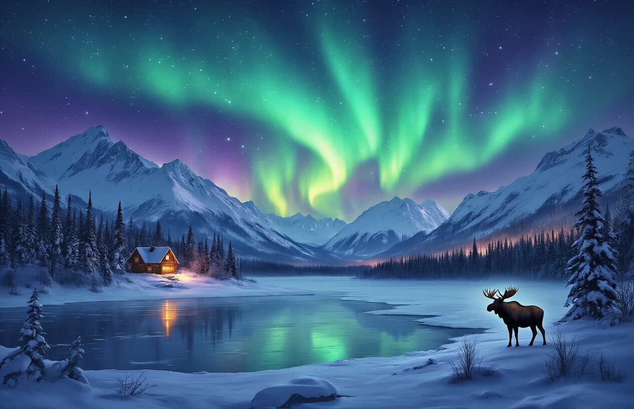 realistic image of a breathtaking Alaskan winter landscape at night featuring vibrant green and purple northern lights dancing across the sky above a snow-covered mountain range, with a frozen lake reflecting the auroras in the foreground, a cozy warm-glowing cabin nestled among snow-dusted spruce trees to one side, and a lone moose standing majestically in the snowy terrain, the scene exuding a magical yet serene atmosphere with crisp, cold air suggested by the pristine untouched snow and star-filled sky, soft ethereal lighting from the auroras casting a dreamlike glow over the entire landscape, Absolutely NO text should be in the scene.