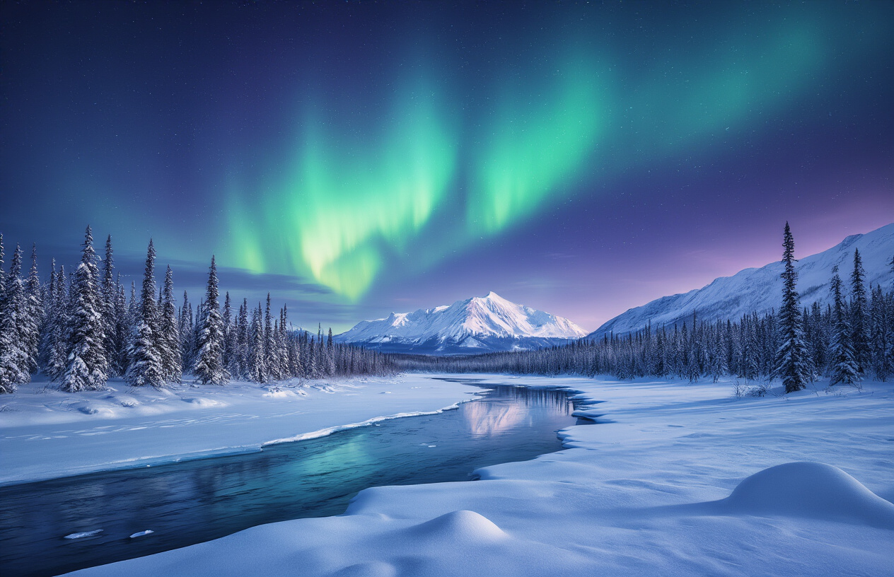 realistic image of a breathtaking Alaskan winter wilderness scene featuring a vast frozen landscape with snow-covered spruce trees, a partially frozen river reflecting the dramatic twilight sky, and the vivid green and purple ribbons of the Northern Lights illuminating the dark sky above, a distant mountain range dusted with snow visible on the horizon, the scene glowing with an ethereal cold blue and green light that captures the raw, untamed beauty of Alaska in winter, conveying a sense of awe and solitude, Absolutely NO text should be in the scene.