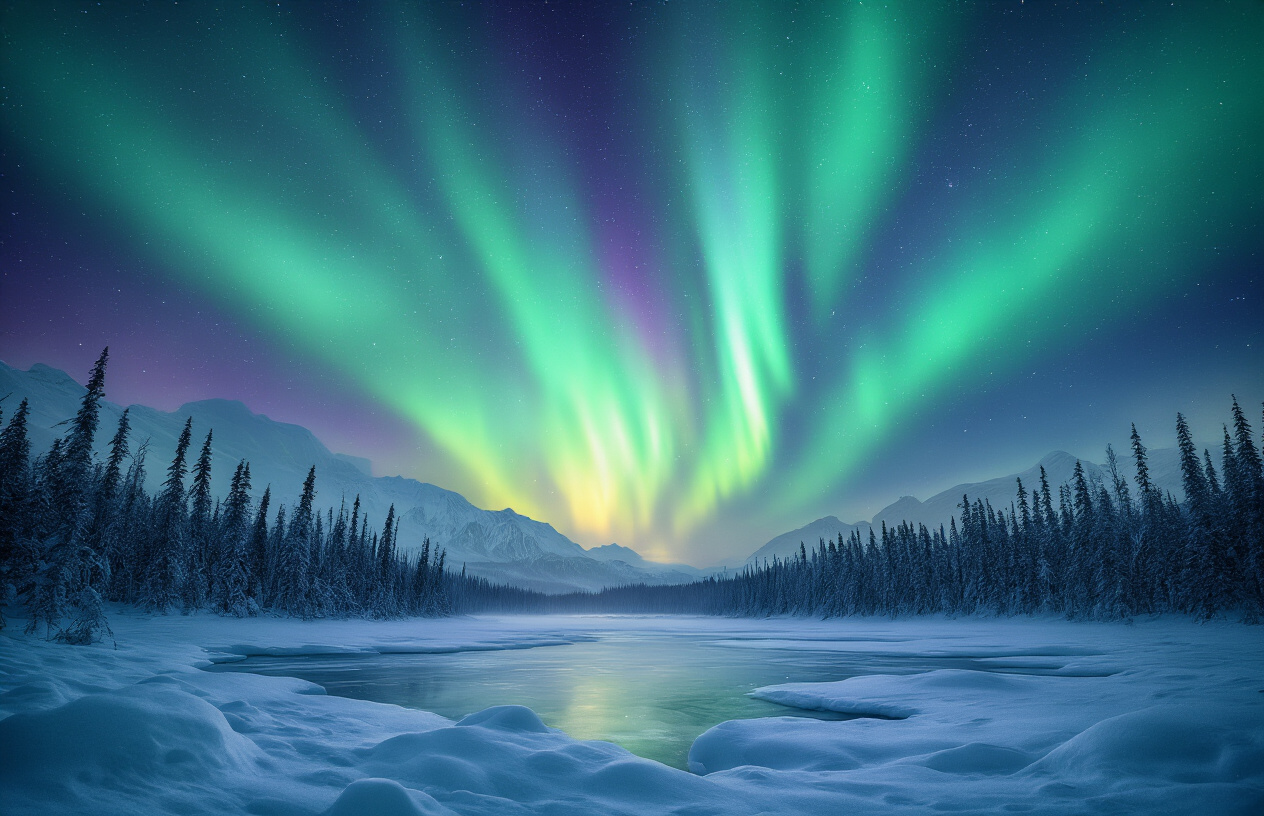 realistic image of a breathtaking Aurora Borealis display illuminating the Alaskan winter night sky with vivid ribbons of green, purple, and blue light dancing above a snow-covered wilderness landscape, featuring a frozen lake in the foreground reflecting the glowing northern lights, surrounded by silhouetted snow-laden spruce trees, the scene conveying a sense of awe-inspiring natural magic and serene winter beauty, with crisp cold air suggested by the crystal-clear starry sky and pristine untouched snow below. Absolutely NO text should be in the scene.