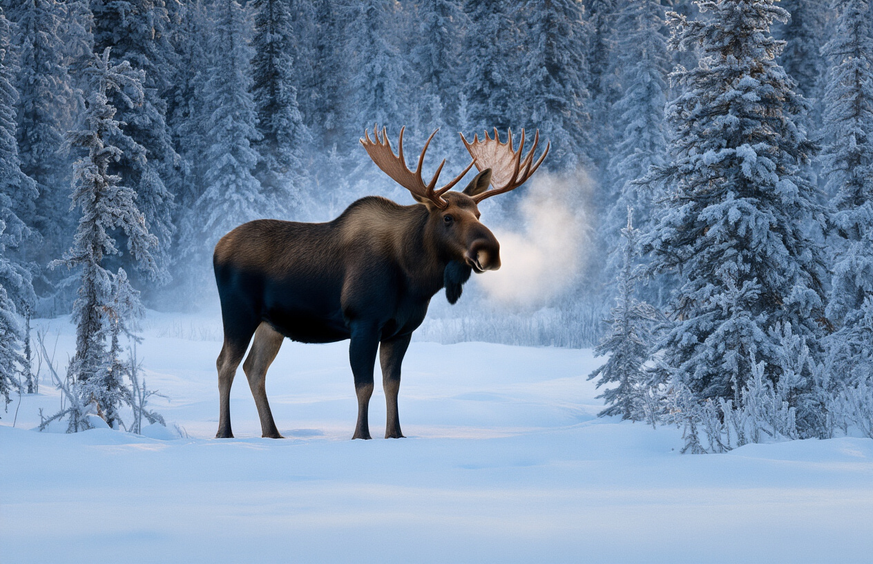 realistic image of a majestic moose standing in a snow-covered Alaskan wilderness, its breath visible as a misty cloud in the cold winter air, surrounded by frost-laden spruce trees under a dramatic sky illuminated by soft, low-angle winter light, with the moose appearing calm and close, creating an intimate and awe-inspiring wildlife encounter scene, the muted whites and blues of the snowy landscape enhancing the raw, peaceful beauty of the moment. Absolutely NO text should be in the scene.