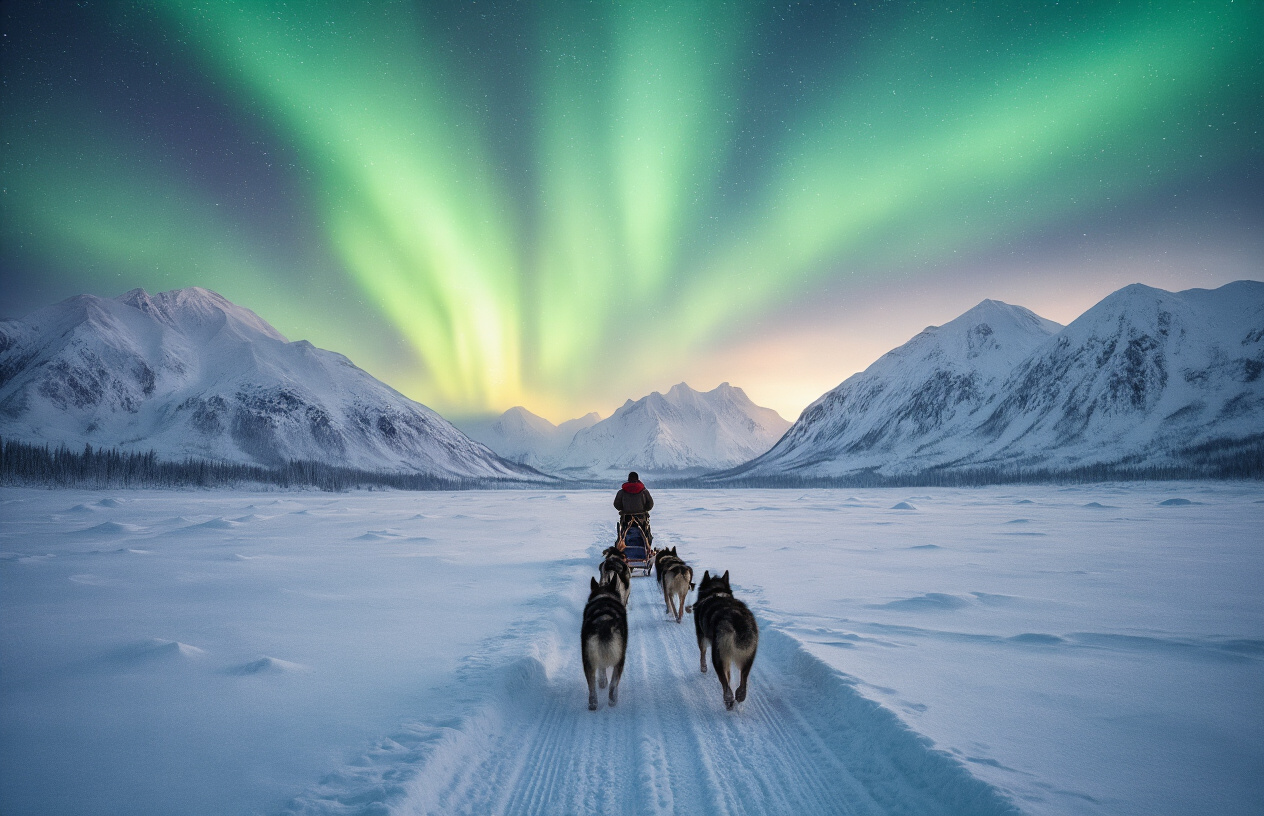 realistic image of a thrilling winter scene in Alaska featuring a person on a dog sled being pulled by a team of huskies across a vast snow-covered landscape, with the northern lights (aurora borealis) illuminating the sky in vivid greens and purples above snow-capped mountains in the background, the scene exuding a sense of adventure and excitement that feels uniquely magical and irreplaceable, with crisp cold air suggested by the frozen breath of the dogs and soft moonlight reflecting off the pristine white snow, Absolutely NO text should be in the scene.