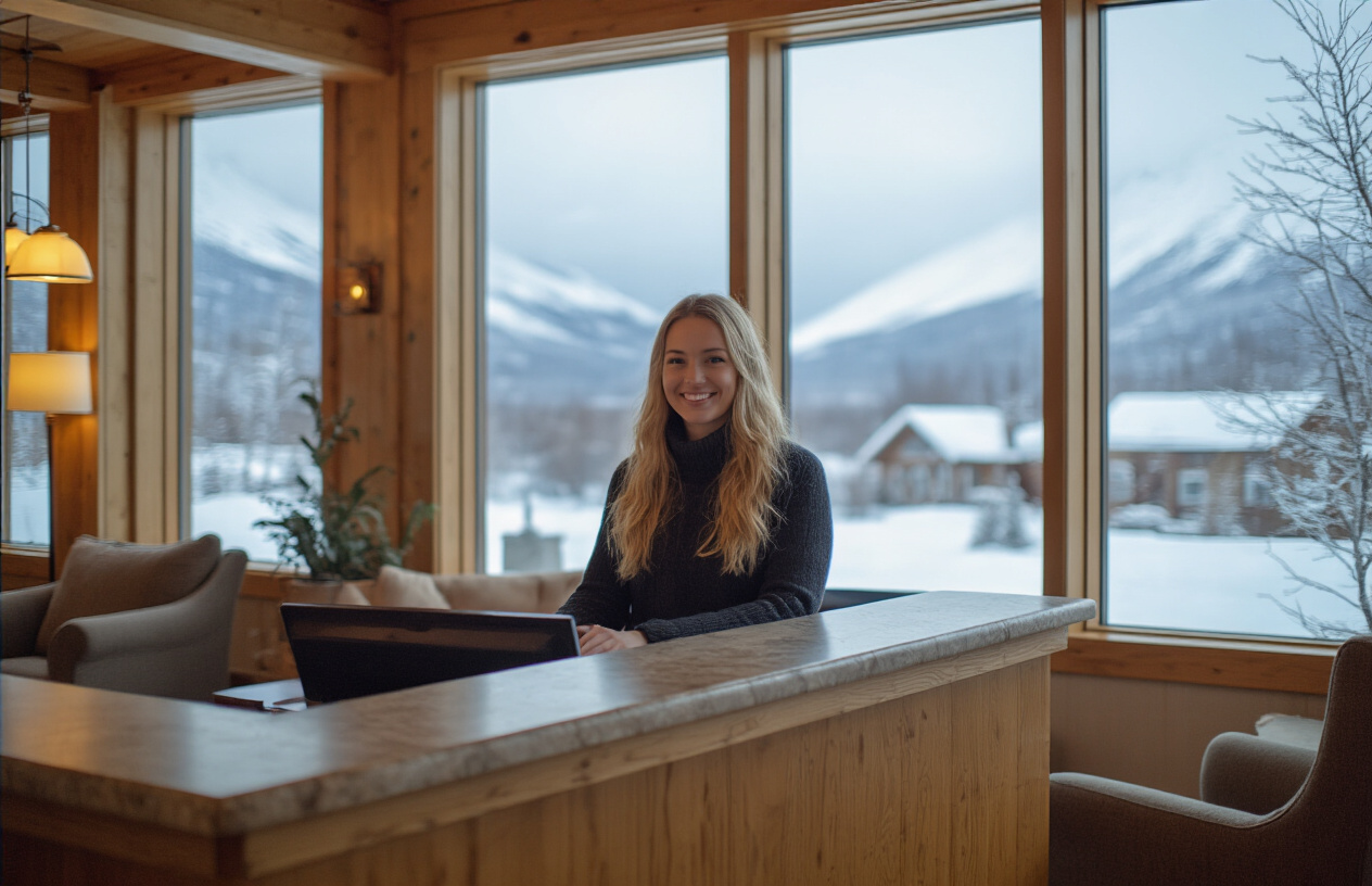 realistic image of a cozy Alaska hotel lobby in winter, featuring a smiling white female receptionist warmly welcoming a guest at a well-staffed front desk, with large windows revealing a snow-covered scenic Alaskan landscape outside, the interior feels calm and uncrowded with comfortable seating areas, warm ambient lighting creating an inviting atmosphere, a visible price tag or booking confirmation on the desk subtly suggesting affordability, the overall mood is relaxed and pleasant, conveying the perks of off-season travel with attentive personalized service. Absolutely NO text should be in the scene.