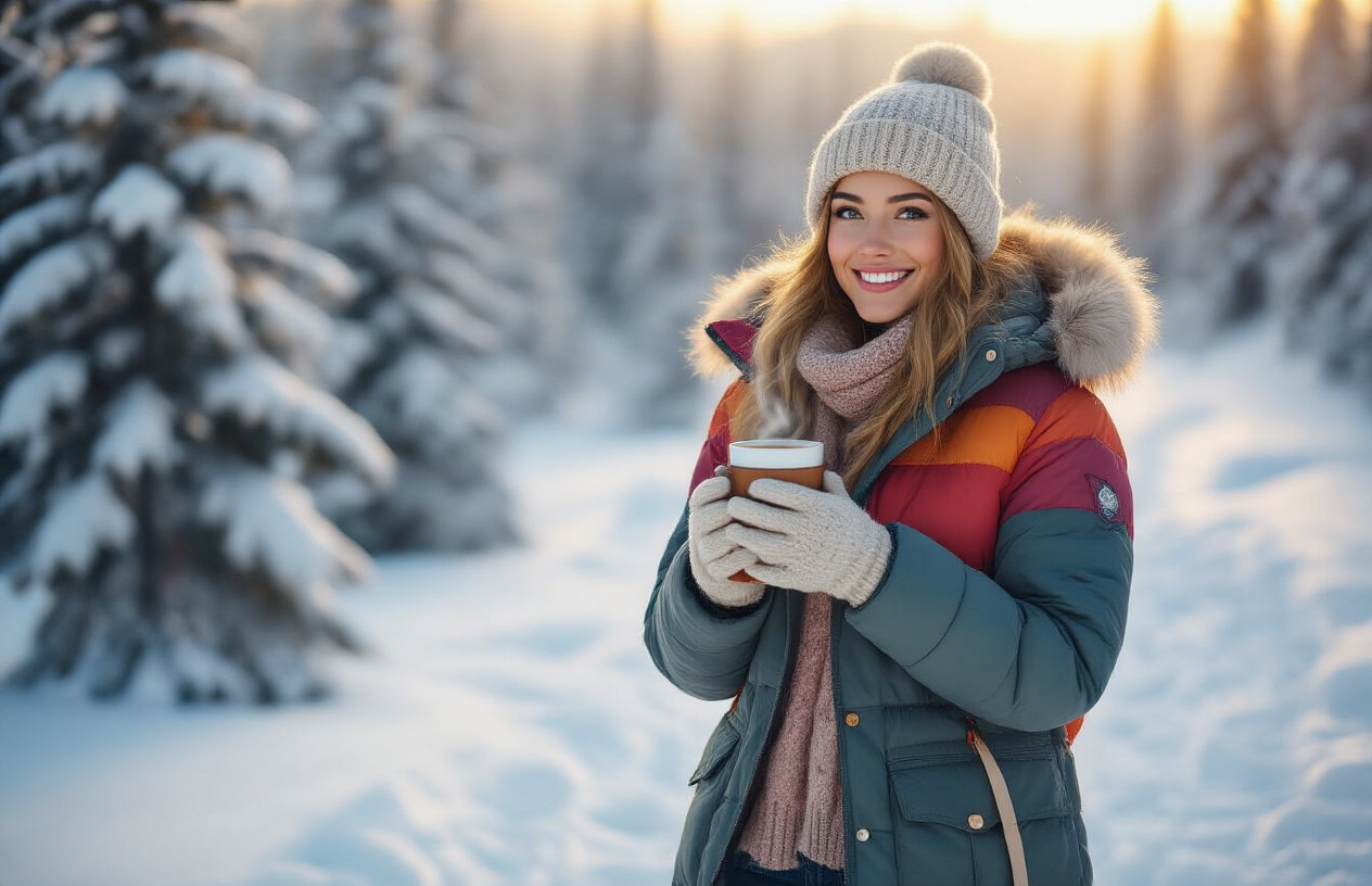 realistic image of a cozy, well-dressed white female traveler standing comfortably in a snowy Alaskan landscape, wearing a warm layered outfit including a colorful puffer jacket, insulated boots, and a knit hat, smiling and relaxed as she holds a hot steaming drink in her gloved hands, with a breathtaking backdrop of snow-covered spruce trees and soft winter light casting a warm golden glow across the scene, conveying a sense of ease and enjoyment in the cold weather rather than struggle or discomfort. Absolutely NO text should be in the scene.