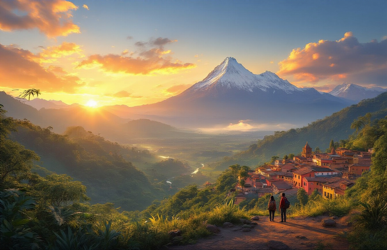 realistic image of a breathtaking South American landscape at golden hour, featuring a sweeping panoramic view that blends iconic natural wonders such as lush Amazon rainforest in the background, a vibrant Andean mountain range with snow-capped peaks, and a colorful colonial-style village with terracotta rooftops in the foreground, with a warm, inviting glow of sunset light casting rich amber and golden hues across the entire scene, evoking a sense of wonder, adventure, and discovery, with a few silhouetted travelers standing at a scenic overlook gazing into the vast, colorful landscape, creating a mood of inspiration and fulfillment, Absolutely NO text should be in the scene.