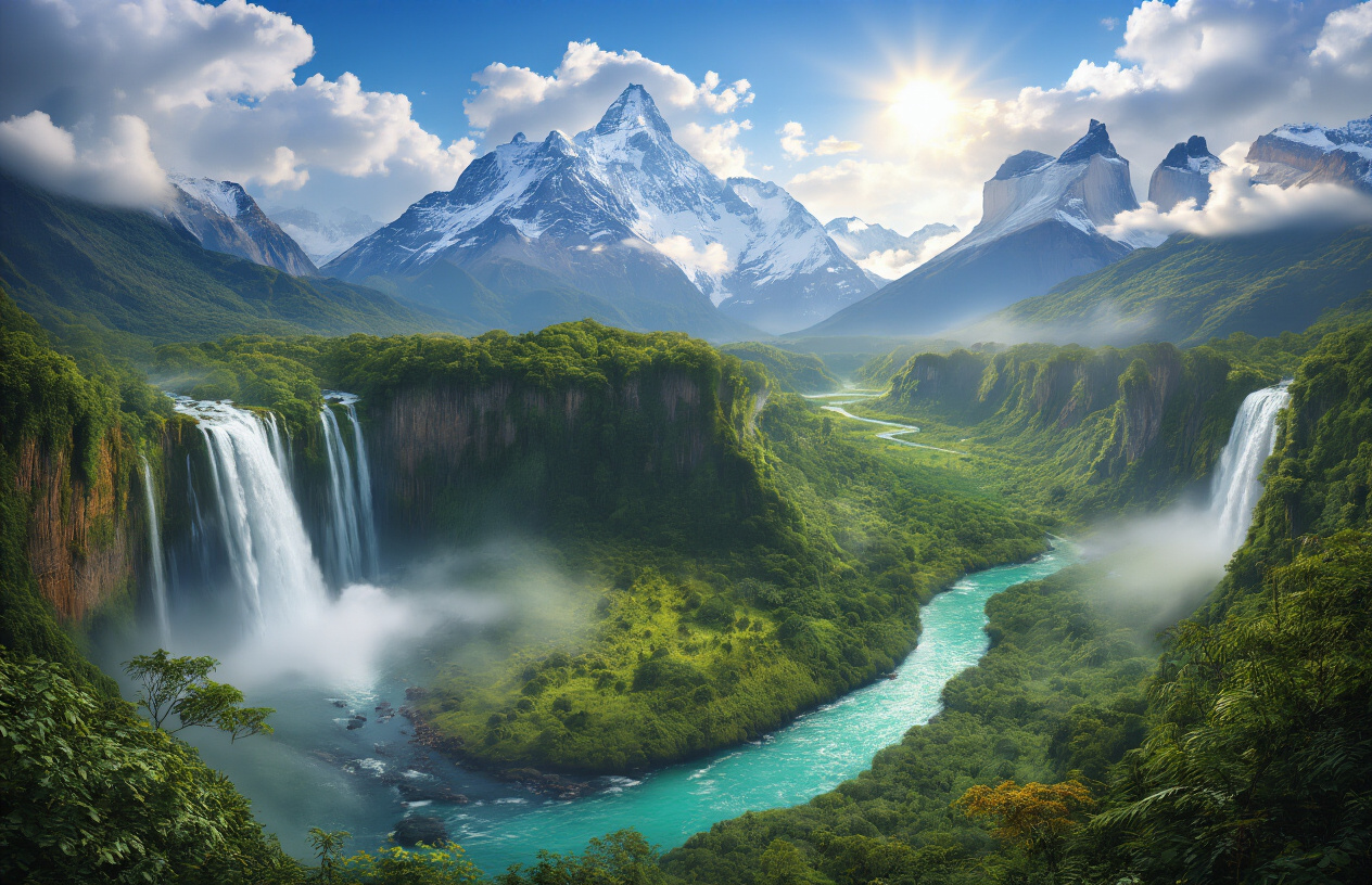 realistic image of a breathtaking panoramic landscape in South America featuring a dramatic combination of natural wonders, including a majestic waterfall cascading into a lush green jungle below, with snow-capped Andean mountain peaks visible in the distant background, golden sunlight breaking through misty clouds and illuminating the vibrant landscape, a serene turquoise river winding through the dense rainforest in the foreground, the scene radiating awe-inspiring grandeur and untouched natural beauty under a vivid blue sky with scattered clouds, the overall mood being majestic, awe-inspiring, and adventurous. Absolutely NO text should be in the scene.