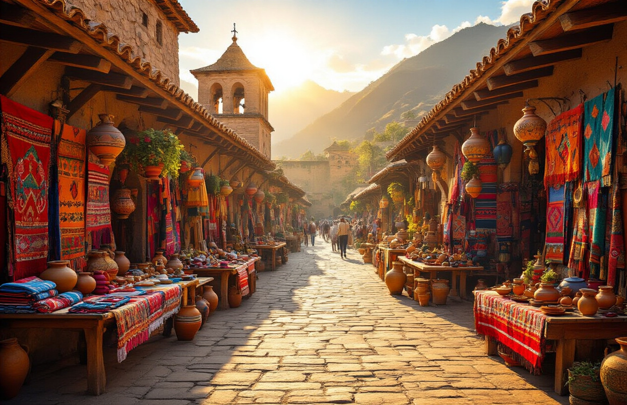 realistic image of a vibrant South American cultural festival scene featuring a colorful traditional marketplace with handcrafted textiles, pottery, and ornate decorations displayed on wooden stalls, set against the backdrop of ancient stone architecture reminiscent of Incan or colonial-era buildings, warm golden sunlight illuminating the scene, creating a rich and inviting atmosphere that highlights the depth and beauty of South American heritage. Absolutely NO text should be in the scene.