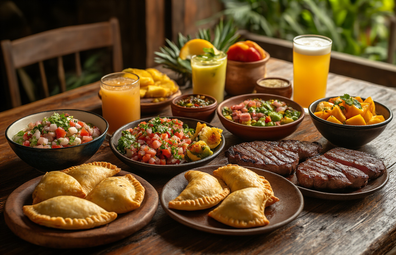 realistic image of a vibrant spread of iconic South American food and drinks arranged on a rustic wooden table, featuring colorful dishes such as ceviche, empanadas, grilled meats, and fresh tropical fruits, alongside glasses of pisco sour and mate tea, with a warm and inviting atmosphere, soft natural lighting illuminating the rich textures and vivid colors of the food, creating a festive and appetizing mood that showcases the diversity of South American cuisine. Absolutely NO text should be in the scene.
