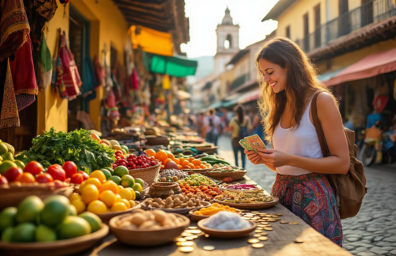 realistic image of a budget-friendly travel scene in South America, featuring a vibrant local market with colorful fresh produce, handmade crafts, and street food stalls, with a white female traveler happily browsing and holding local currency, a rustic wooden table in the foreground with a spread of affordable local dishes and coins, set against a backdrop of a lively South American town square with colonial architecture and warm golden sunlight, conveying a sense of joy, discovery, and smart travel on a budget. Absolutely NO text should be in the scene.