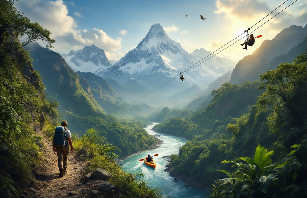 realistic image of a dramatic South American landscape featuring multiple adventure activities happening simultaneously, including a white male hiker trekking along a rugged Andean mountain trail, a kayaker navigating a rushing river in the lush Amazon basin, and a zip-liner soaring above a dense rainforest canopy, with snow-capped peaks in the background, vibrant green jungle foliage in the midground, and golden sunlight casting an adventurous, energetic atmosphere across the entire scene. Absolutely NO text should be in the scene.