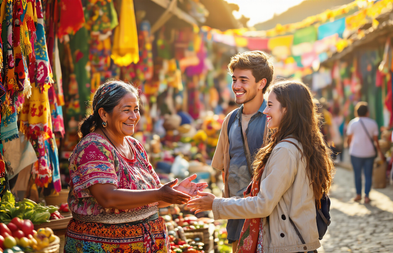realistic image of a warm and joyful cultural exchange scene in a vibrant South American village setting, where a group of smiling South American locals, including a middle-aged brown-skinned female vendor and a young brown-skinned male, are warmly welcoming a white female traveler with open gestures and friendly expressions, surrounded by colorful traditional decorations and lively market stalls, bathed in golden natural sunlight that creates a welcoming and heartfelt atmosphere. Absolutely NO text should be in the scene.