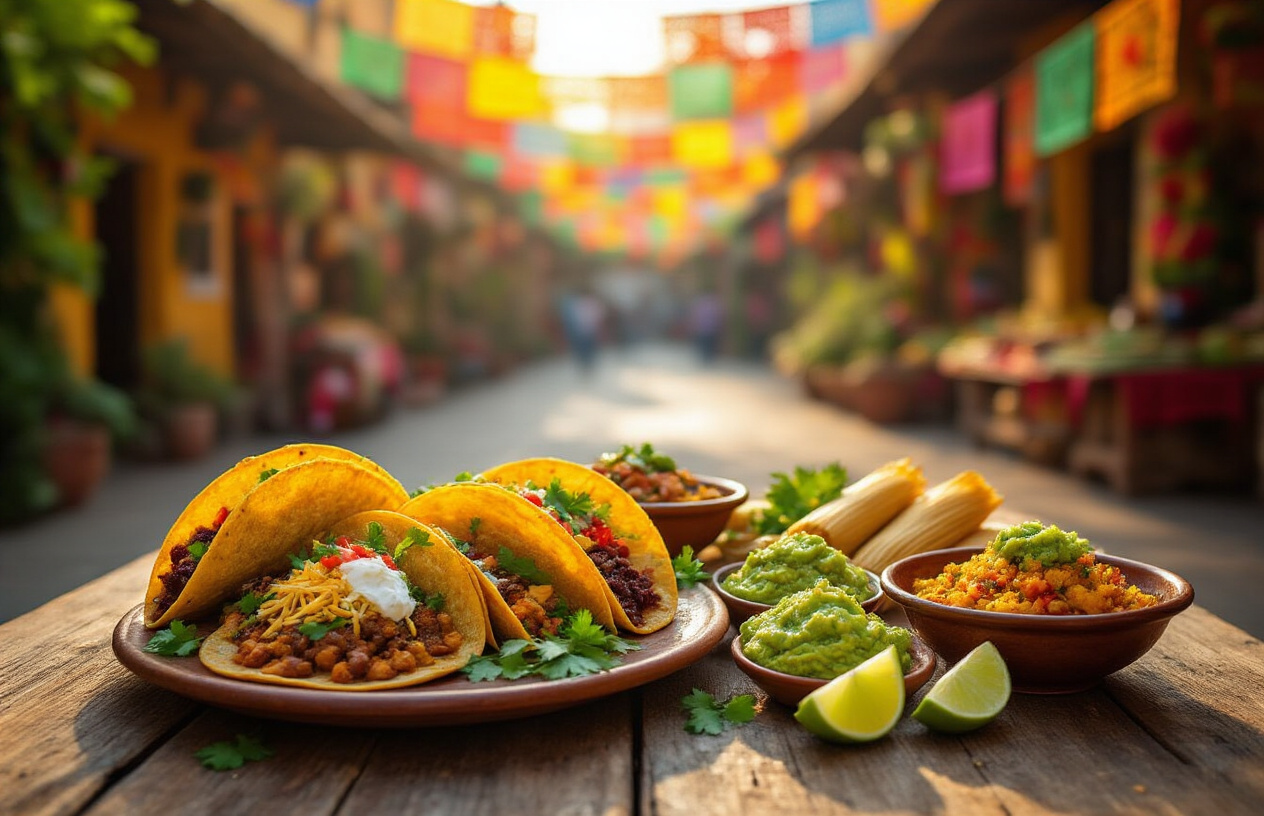 realistic image of a vibrant, beautifully arranged spread of iconic Mexican dishes on a rustic wooden table, featuring colorful tacos, mole, tamales, fresh guacamole, and elotes, garnished with bright herbs and lime wedges, set against a warm, sunlit outdoor Mexican market background with blurred stalls and hanging papel picado decorations, the scene bathed in golden late-afternoon light evoking a rich, celebratory, and inviting atmosphere that captures the soul and diversity of Mexican cuisine. Absolutely NO text should be in the scene.