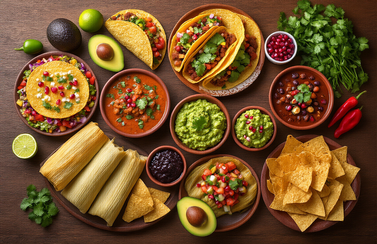 realistic image of a vibrant, top-down flat lay spread of diverse Mexican dishes arranged beautifully on a rustic wooden table, showcasing the incredible variety of Mexican cuisine including colorful tacos, mole negro, ceviche, tamales, chiles en nogada with pomegranate seeds, and fresh guacamole with tortilla chips, surrounded by fresh ingredients like avocados, limes, chilies, and cilantro, warm and inviting natural lighting highlighting the rich colors and textures of the food, creating a festive and appetizing atmosphere. Absolutely NO text should be in the scene.