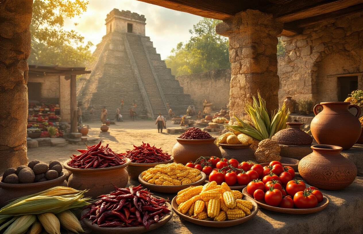 realistic image of an ancient Mexican market scene blending history and culinary tradition, featuring a rustic stone Aztec or Mayan archaeological site in the background with a vibrant foreground display of traditional Mexican ingredients including dried chili peppers, cacao pods, corn, tomatoes, and handmade clay pottery, warm golden sunlight casting a rich, earthy glow over the scene, evoking a sense of deep cultural heritage and timeless food history, with no modern elements present. Absolutely NO text should be in the scene.