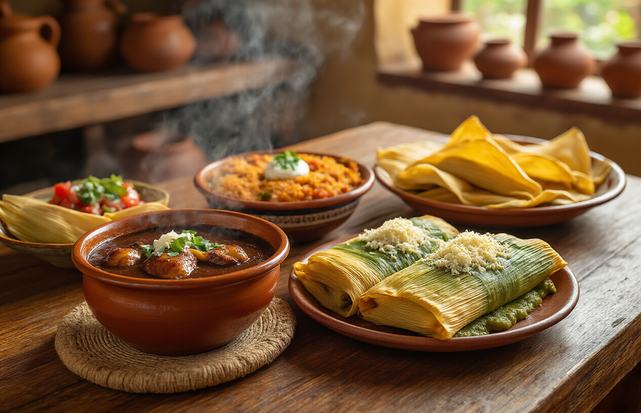 realistic image of a rustic wooden table displaying an authentic spread of iconic Mexican dishes, including a steaming bowl of mole negro with tender chicken, freshly made tamales wrapped in corn husks, vibrant green and red enchiladas topped with crema and cotija cheese, and a plate of crispy tlayudas, with warm golden lighting illuminating the richly colored food, a softly blurred traditional Mexican kitchen in the background featuring clay pots and terracotta tiles, creating a warm and inviting atmosphere that evokes culinary authenticity and cultural richness. Absolutely NO text should be in the scene.