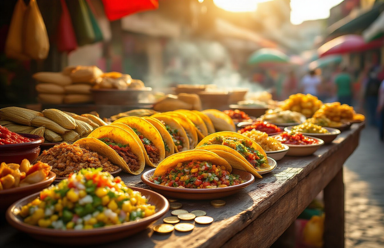 realistic image of a vibrant Mexican street food market scene featuring an abundant spread of colorful, freshly prepared dishes including tacos, tamales, elotes, and salsas displayed on a rustic wooden stall, with a few Mexican peso coins and small bills casually placed near the food to subtly suggest affordability, warm golden sunlight illuminating the scene, creating an inviting and joyful atmosphere that evokes the feeling of incredible value and culinary richness, with lush food textures and vivid colors of red, green, and yellow dominating the scene, set against a lively, slightly blurred background of a traditional Mexican mercado. Absolutely NO text should be in the scene.