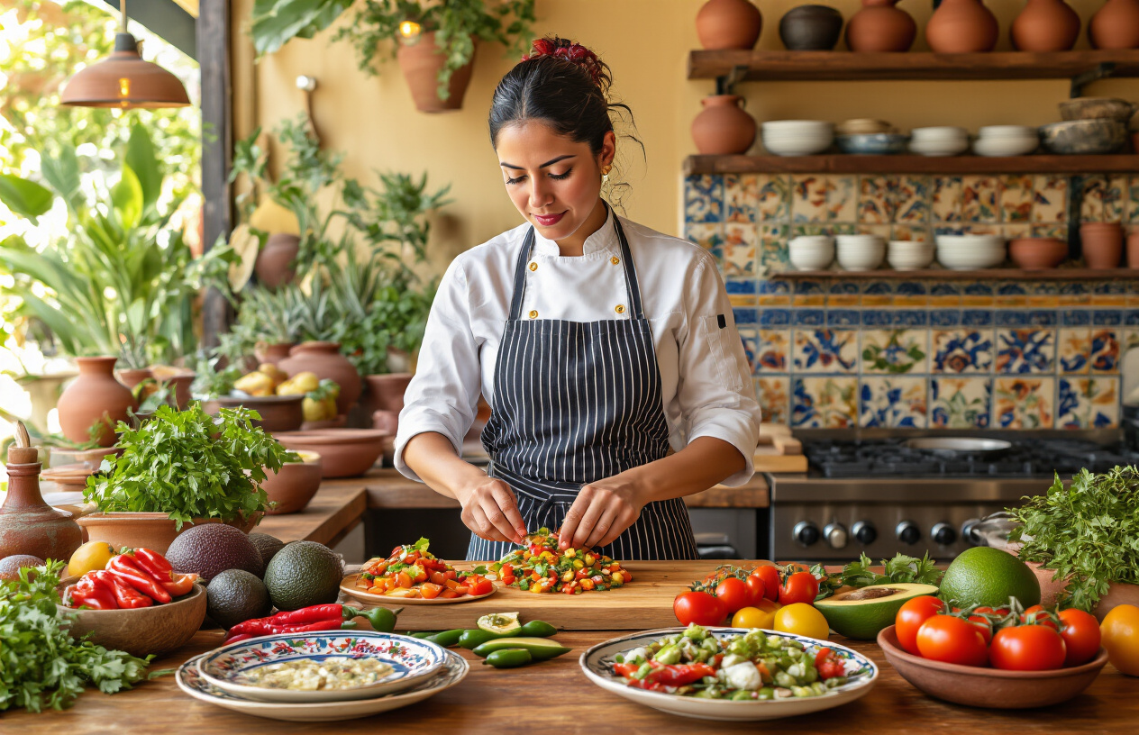 realistic image of a vibrant and dynamic Mexican kitchen scene where a Mexican female chef is actively preparing an innovative dish that blends traditional and modern culinary techniques, surrounded by colorful fresh ingredients like chilies, avocados, heirloom tomatoes, and exotic herbs spread across a rustic wooden counter, with a backdrop of a lively open-concept restaurant featuring warm golden lighting, clay pots, and contemporary plating on elegant dishes, conveying a sense of creativity, cultural pride, and culinary evolution, with a warm and inviting atmosphere that highlights the richness and excitement of Mexico's evolving food scene. Absolutely NO text should be in the scene.
