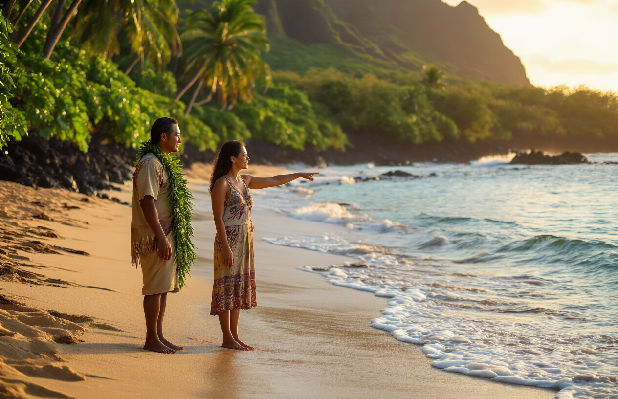 realistic image of a serene Hawaiian beach at golden hour, where a Native Hawaiian male and a white female tourist are engaged in a warm, respectful conversation near the shoreline, with the tourist listening attentively as the local points toward the ocean, symbolizing guidance and mutual understanding, surrounded by lush tropical greenery and gentle waves in the background, the scene bathed in warm sunset light evoking a sense of harmony, cultural respect, and hopeful coexistence, Absolutely NO text should be in the scene.