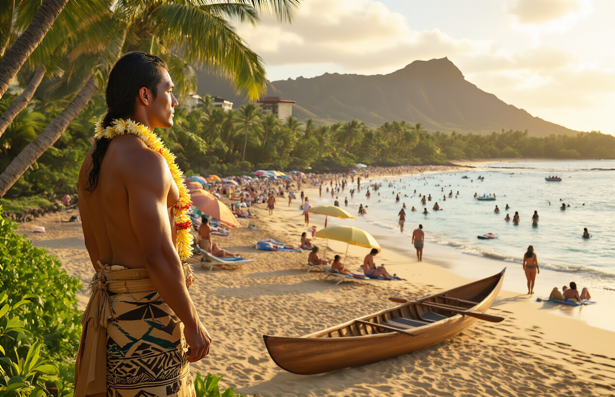 realistic image of a scenic Hawaiian beachfront where a native Hawaiian male stands thoughtfully overlooking a crowded tourist beach, with traditional Hawaiian cultural elements like a lei and wooden canoe visible nearby, contrasting with modern tourist amenities like beach umbrellas and sunbathers in the background, the scene bathed in warm golden hour lighting that captures both the natural beauty of the island and the tension of cultural preservation versus tourism, evoking a mood of contemplation and complexity. Absolutely NO text should be in the scene.