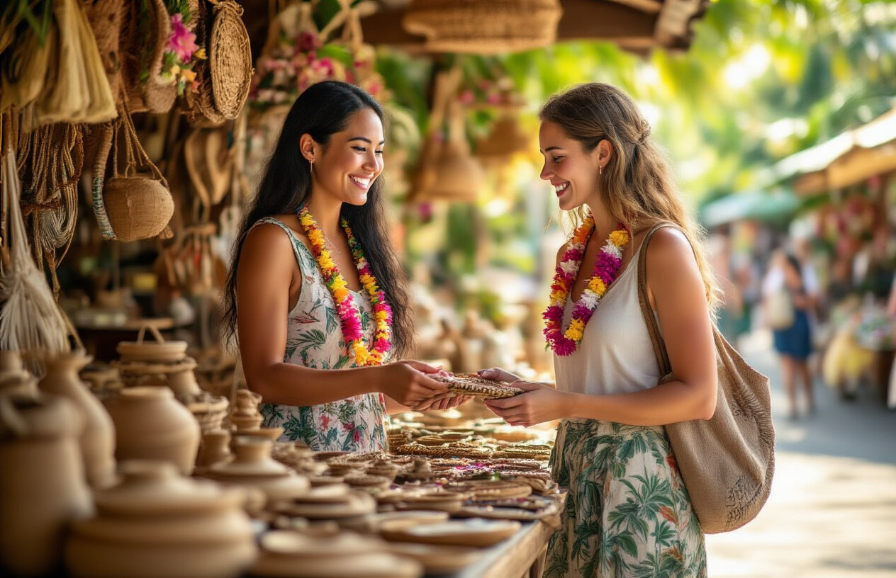 realistic image of a warm and genuine interaction between a smiling Native Hawaiian female shop owner and a white female tourist at an open-air local market in Hawaii, with the tourist respectfully browsing handmade traditional crafts and showing sincere interest, lush tropical greenery and colorful flower leis visible in the background, soft golden sunlight creating a welcoming and positive atmosphere, conveying mutual respect and appreciation between locals and visitors. Absolutely NO text should be in the scene.