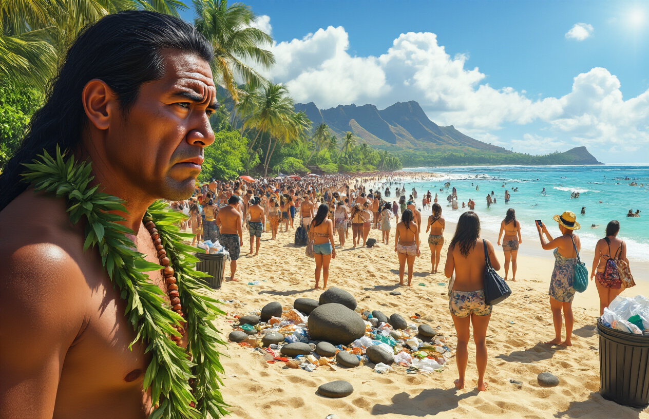 realistic image of a crowded Hawaiian beach scene where a Native Hawaiian male with a frustrated expression watches as tourists trample through a sacred cultural site marked with traditional stones, with overflowing trash cans nearby and tourists taking selfies carelessly in restricted areas, the background showing a beautiful but overcrowded shoreline under bright tropical sunlight, conveying a mood of tension and cultural disrespect, with the contrast between the natural beauty of Hawaii and the overwhelming tourist presence creating a sense of frustration and loss. Absolutely NO text should be in the scene.