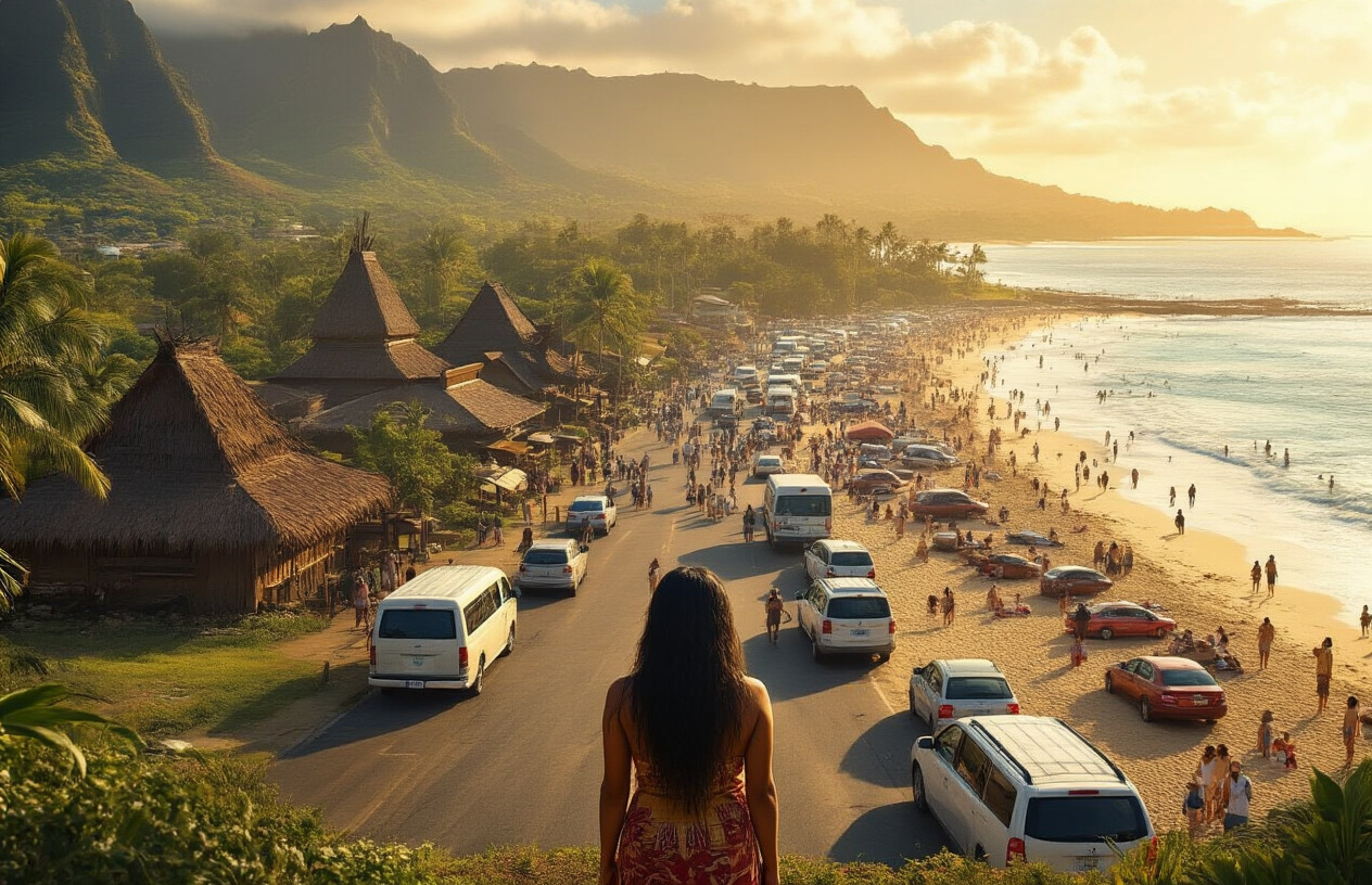 realistic image of a once-serene Hawaiian coastal village now overwhelmed by crowds of tourists, showing a contrast between a traditional Native Hawaiian neighborhood with cultural landmarks and an overcrowded beach packed with visitors, rental cars, and commercial tour buses lining the streets, a Native Hawaiian female standing in the foreground looking solemnly at the overcrowded scene, the mood is heavy and melancholic, warm golden sunlight casting over the landscape, emphasizing the tension between cultural preservation and mass tourism, Absolutely NO text should be in the scene.