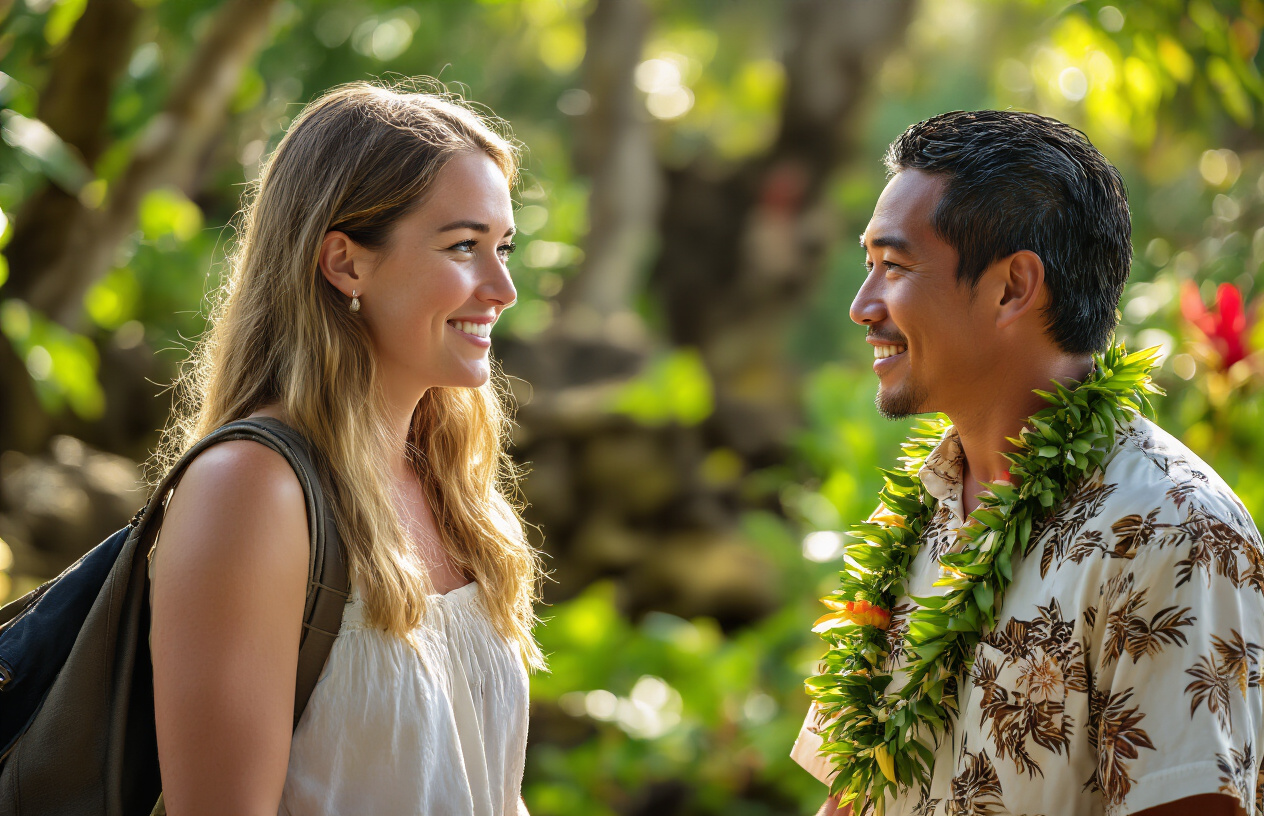 realistic image of a respectful white female tourist and a native Hawaiian male local sharing a warm, genuine interaction at a scenic Hawaiian cultural site, the tourist listening attentively and smiling as the local shares knowledge, surrounded by lush tropical greenery and traditional Hawaiian elements, with soft golden natural lighting creating a welcoming and harmonious atmosphere, conveying mutual respect and cultural appreciation. Absolutely NO text should be in the scene.