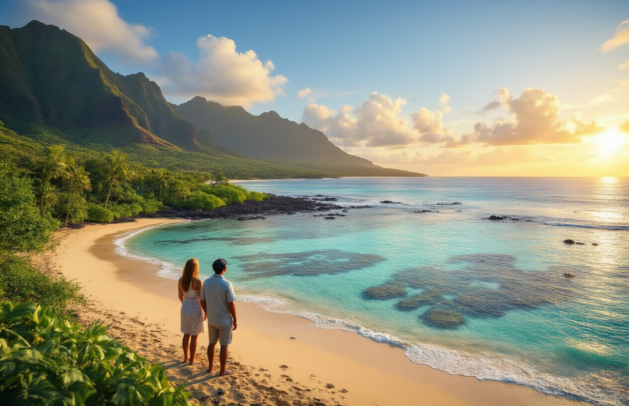 realistic image of a breathtaking Hawaiian coastline at golden hour, showing a harmonious balance between nature and mindful tourism, with a small group of respectful visitors including a white female and a Hawaiian male guide standing together on a pristine beach, observing a protected coral reef from a designated viewing area, surrounded by lush green mountains and crystal-clear turquoise water, with eco-friendly signage replaced by natural bamboo markers, conveying a hopeful and sustainable future atmosphere with warm, soft lighting reflecting off the calm ocean waves. Absolutely NO text should be in the scene.