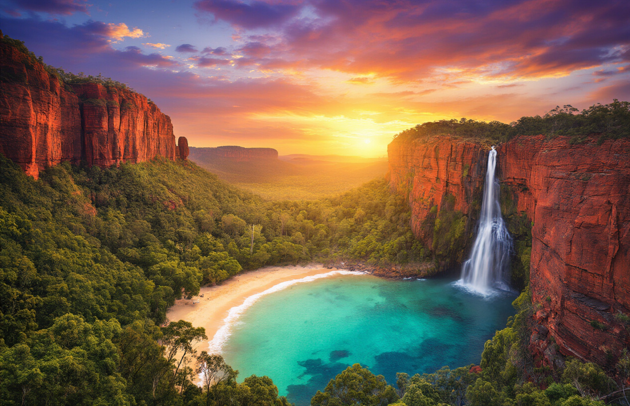realistic image of a breathtaking panoramic collage-style landscape showcasing the diverse natural wonders of Australia, featuring iconic untouched wilderness scenes including a dramatic red rocky gorge reminiscent of the Flinders Ranges, a lush tropical rainforest with dense green canopy, a pristine turquoise coastal shoreline with white sandy beaches, and a stunning waterfall cascading over ancient rock formations, all bathed in warm golden hour lighting that evokes a sense of awe and adventure, with a vibrant sunset sky blending deep oranges and purples in the background, creating an inspiring and serene mood that captures the essence of Australia's hidden natural treasures. Absolutely NO text should be in the scene.