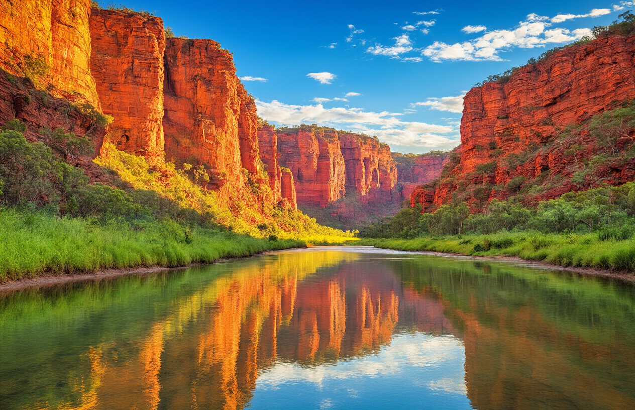 realistic image of a breathtaking panoramic view of the Kimberley Region in Western Australia, featuring dramatic red sandstone gorges and ancient rock formations reflected in a serene, crystal-clear river, surrounded by lush green tropical vegetation under a vast, vivid blue sky with soft golden sunlight casting warm hues across the rugged landscape, conveying a sense of untouched wilderness and remote natural beauty. Absolutely NO text should be in the scene.