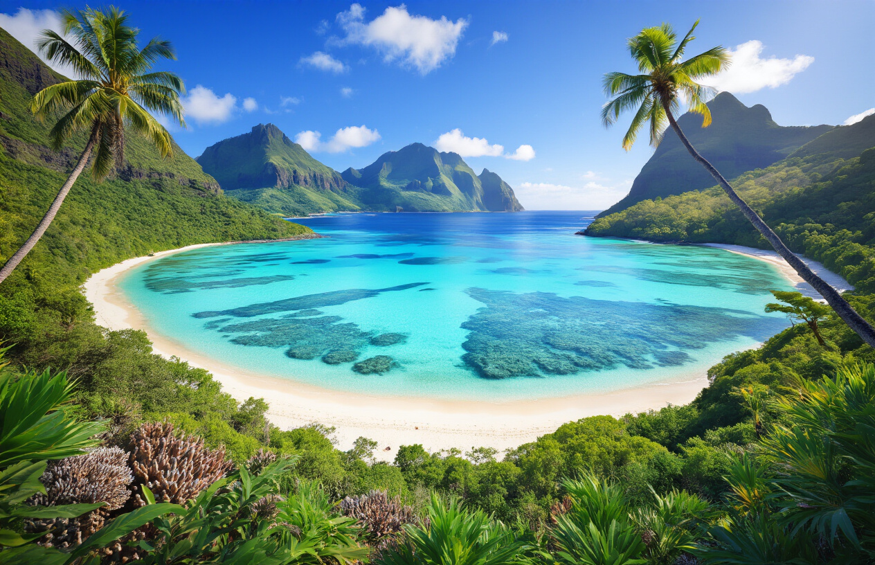 realistic image of a breathtaking panoramic view of Lord Howe Island, Australia, featuring crystal-clear turquoise lagoon waters surrounded by lush green volcanic mountains, with white sandy beaches in the foreground, vibrant coral reef visible beneath the water's surface, and a few tropical palm trees framing the scene, bathed in warm golden sunlight under a vivid blue sky with soft clouds, evoking a sense of untouched paradise and serene natural beauty. Absolutely NO text should be in the scene.