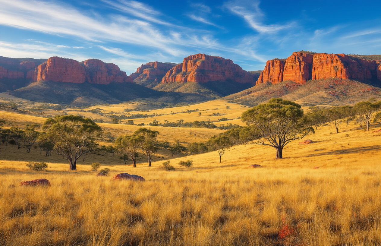 realistic image of the breathtaking Flinders Ranges landscape in South Australia, featuring dramatic ancient red and ochre-colored mountain ranges with rugged rocky formations, expansive golden grasslands in the foreground, and a few scattered native Australian trees such as river red gums, under a vast vivid blue sky with wispy clouds, bathed in warm golden sunlight that highlights the textured terrain, evoking a sense of awe and adventure in a remote natural wilderness. Absolutely NO text should be in the scene.