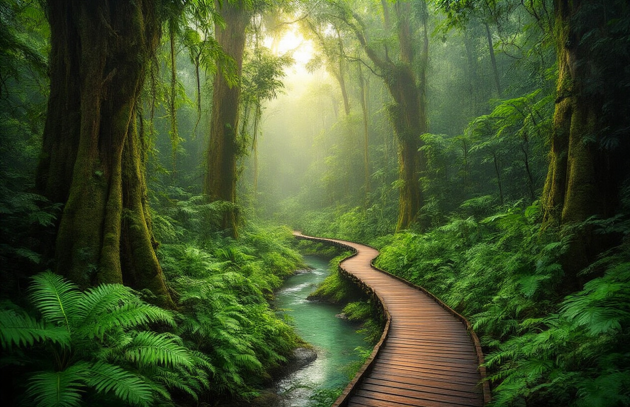 realistic image of a lush, ancient Daintree Rainforest in Queensland, Australia, featuring towering dense green canopies draped with ferns and mosses, a winding narrow wooden boardwalk path cutting through the thick tropical vegetation, soft golden light filtering through the dense tree cover creating dappled light effects on the forest floor, with a shallow crystal-clear creek visible in the background surrounded by prehistoric-looking ferns and tropical plants, evoking a sense of untouched wilderness and serene natural beauty, Absolutely NO text should be in the scene.
