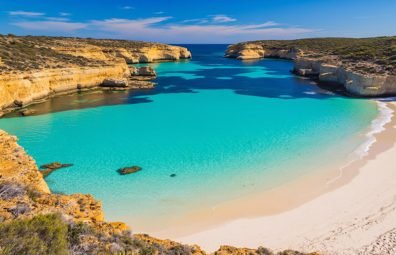 realistic image of a pristine, secluded beach on the Eyre Peninsula, Australia, featuring crystal-clear turquoise water gently lapping against a wide stretch of untouched white sand, with rugged limestone cliffs framing the shoreline in the background, sparse coastal scrubland dotting the landscape, the scene bathed in warm golden sunlight under a vivid blue sky with a few wispy clouds, evoking a sense of peaceful solitude and natural beauty, with no people in sight to emphasize the remote and unspoiled nature of the location. Absolutely NO text should be in the scene.