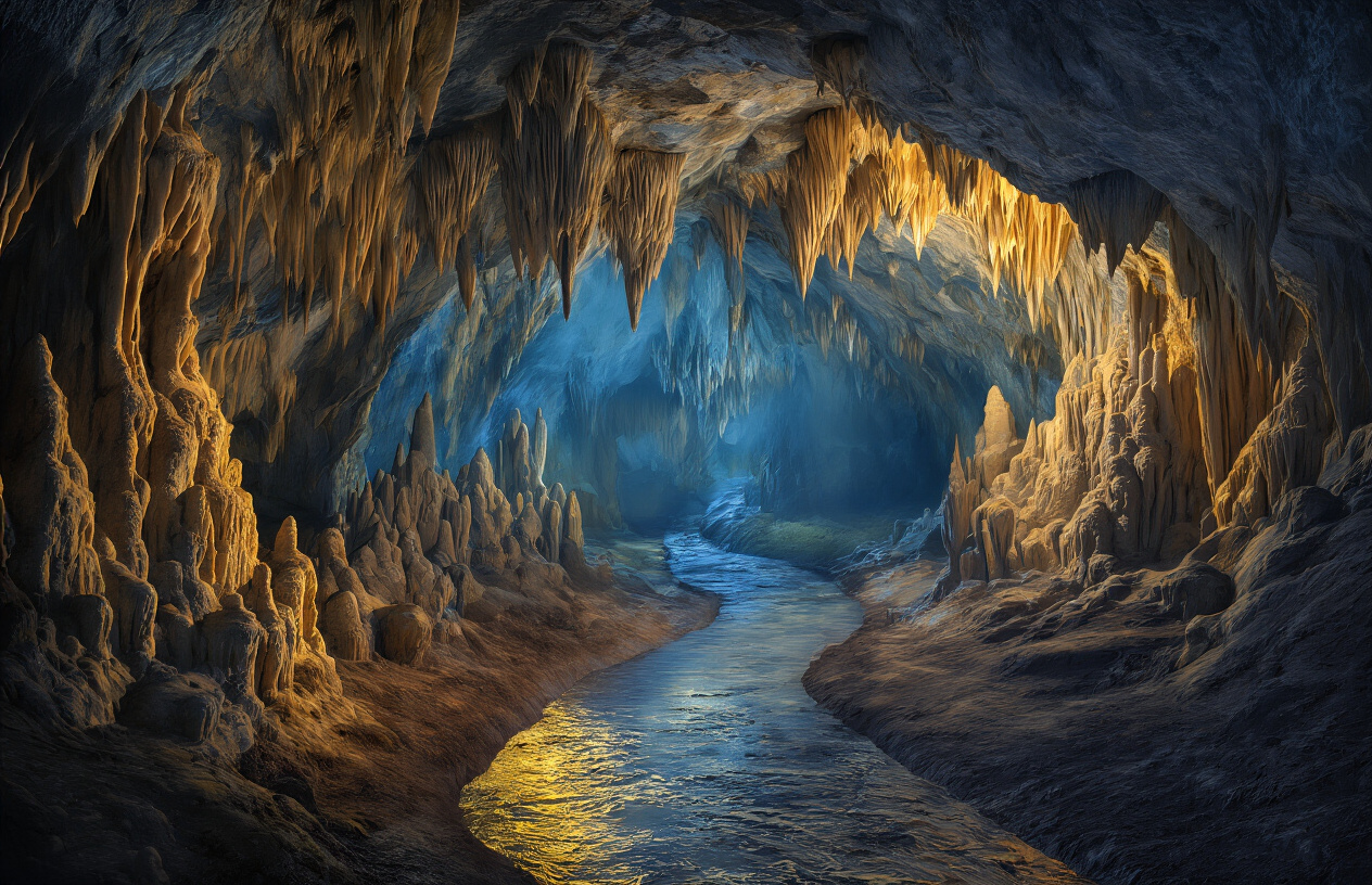 realistic image of the interior of Naracoorte Caves in South Australia, featuring dramatic limestone cave formations including stalactites and stalagmites illuminated by soft, atmospheric lighting that casts warm golden and cool blue hues across the cave walls, with a narrow winding pathway leading deeper into the mysterious underground cavern, reflecting the ancient and awe-inspiring beauty of the cave system, the mood is mysterious and adventurous, with shadows adding depth and intrigue to the scene. Absolutely NO text should be in the scene.