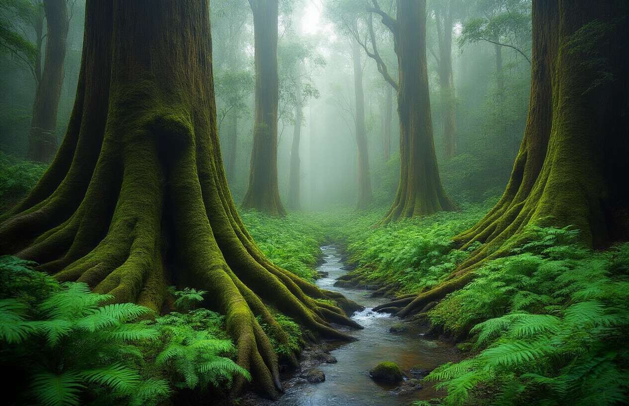 realistic image of a vast, ancient rainforest in the Tarkine Wilderness of Tasmania, Australia, featuring towering moss-covered trees with thick, twisted roots spreading across the forest floor, a crystal-clear stream winding through dense ferns and lush green undergrowth, soft diffused light filtering through the dense forest canopy creating an ethereal glow, the scene conveying a sense of deep tranquility and untouched natural beauty, with mist gently hovering near the ground to add a mystical atmosphere. Absolutely NO text should be in the scene.