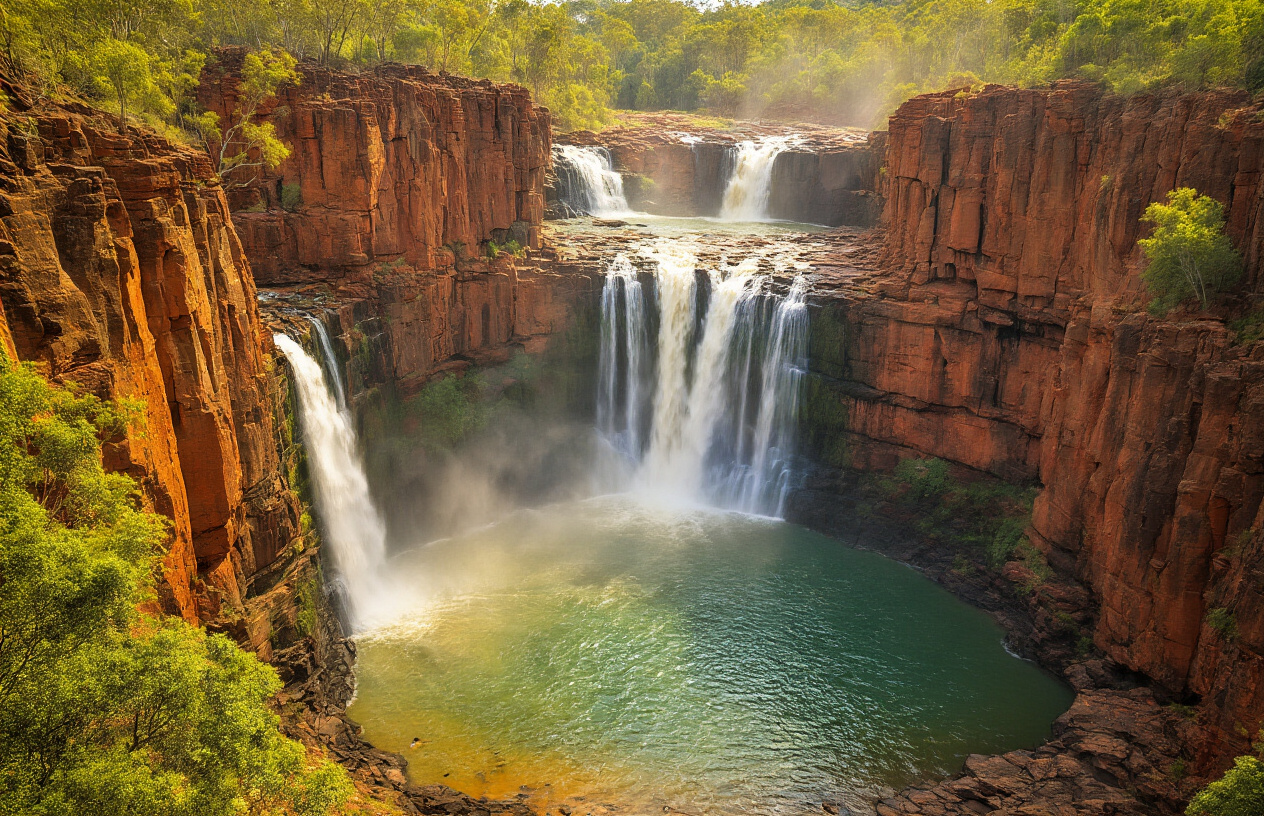 realistic image of the breathtaking Mitchell Falls in the remote Kimberley region of Western Australia, showcasing the powerful multi-tiered waterfall cascading over ancient red sandstone rock formations into a crystal-clear plunge pool below, surrounded by lush tropical vegetation and rugged wilderness, with warm golden sunlight illuminating the mist rising from the falls, capturing the raw and untamed beauty of the remote Australian outback landscape, conveying a sense of adventure and awe-inspiring natural wonder. Absolutely NO text should be in the scene.