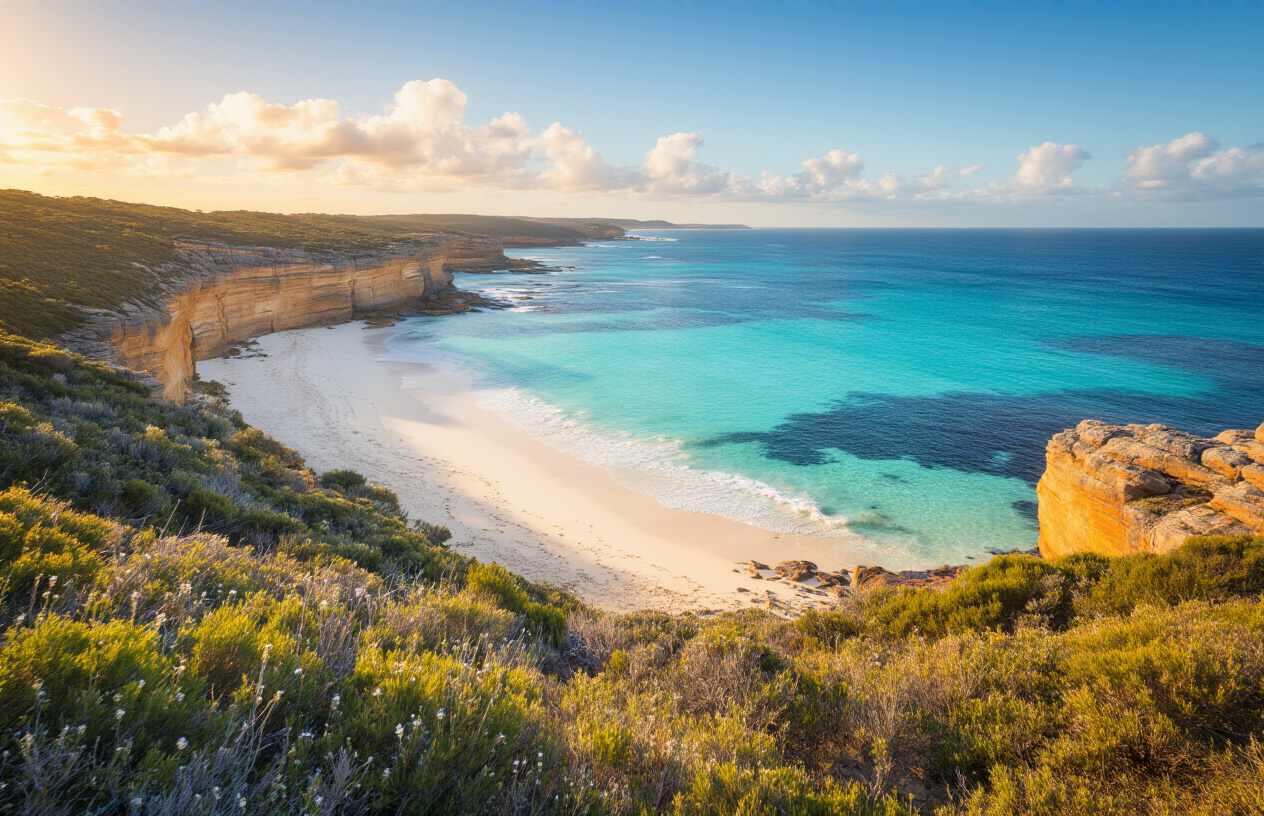 realistic image of a secluded, pristine coastline on Kangaroo Island, Australia, featuring rugged limestone cliffs, crystal-clear turquoise waters, and a white sandy beach untouched by crowds, with native Australian coastal shrubs and wildflowers framing the scene, bathed in warm golden hour sunlight that casts a soft, peaceful glow over the landscape, evoking a sense of serene tranquility and natural isolation, with gentle waves lapping the shore and a calm, expansive ocean stretching to the horizon under a partly cloudy blue sky. Absolutely NO text should be in the scene.