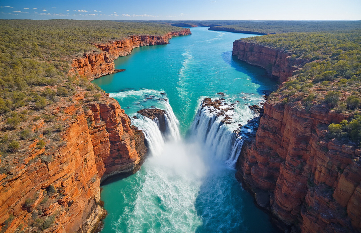 realistic image of the Horizontal Falls in the Buccaneer Archipelago, Western Australia, showcasing the dramatic rushing water flowing through two narrow gorges between ancient red rock cliffs, with powerful tidal currents creating a striking waterfall-like effect, surrounded by the vast turquoise and deep blue waters of the Kimberley coastline, aerial perspective capturing the raw, untamed beauty of the remote landscape under a bright, clear Australian sky with soft golden sunlight illuminating the rugged terrain and churning white water rapids, evoking a sense of awe and natural wonder. Absolutely NO text should be in the scene.