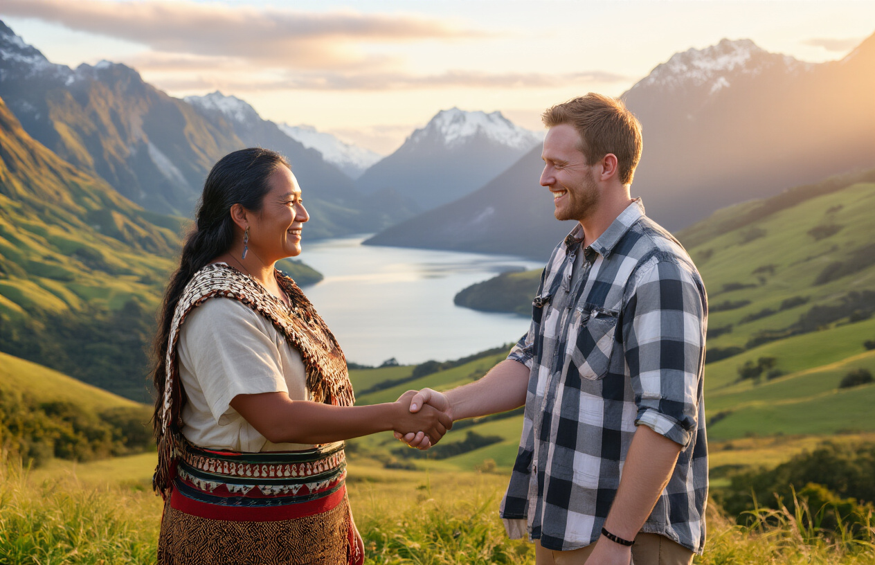 realistic image of a warm and harmonious scene at a scenic New Zealand landscape, featuring rolling green hills and a stunning fjord or lake in the background, where a MÄori New Zealander and a white male tourist are sharing a friendly, genuine smile and a handshake, symbolizing mutual respect and positive cultural exchange, with soft golden hour lighting casting a welcoming glow over the scene, conveying a sense of harmony, respect, and balanced tourism, Absolutely NO text should be in the scene.