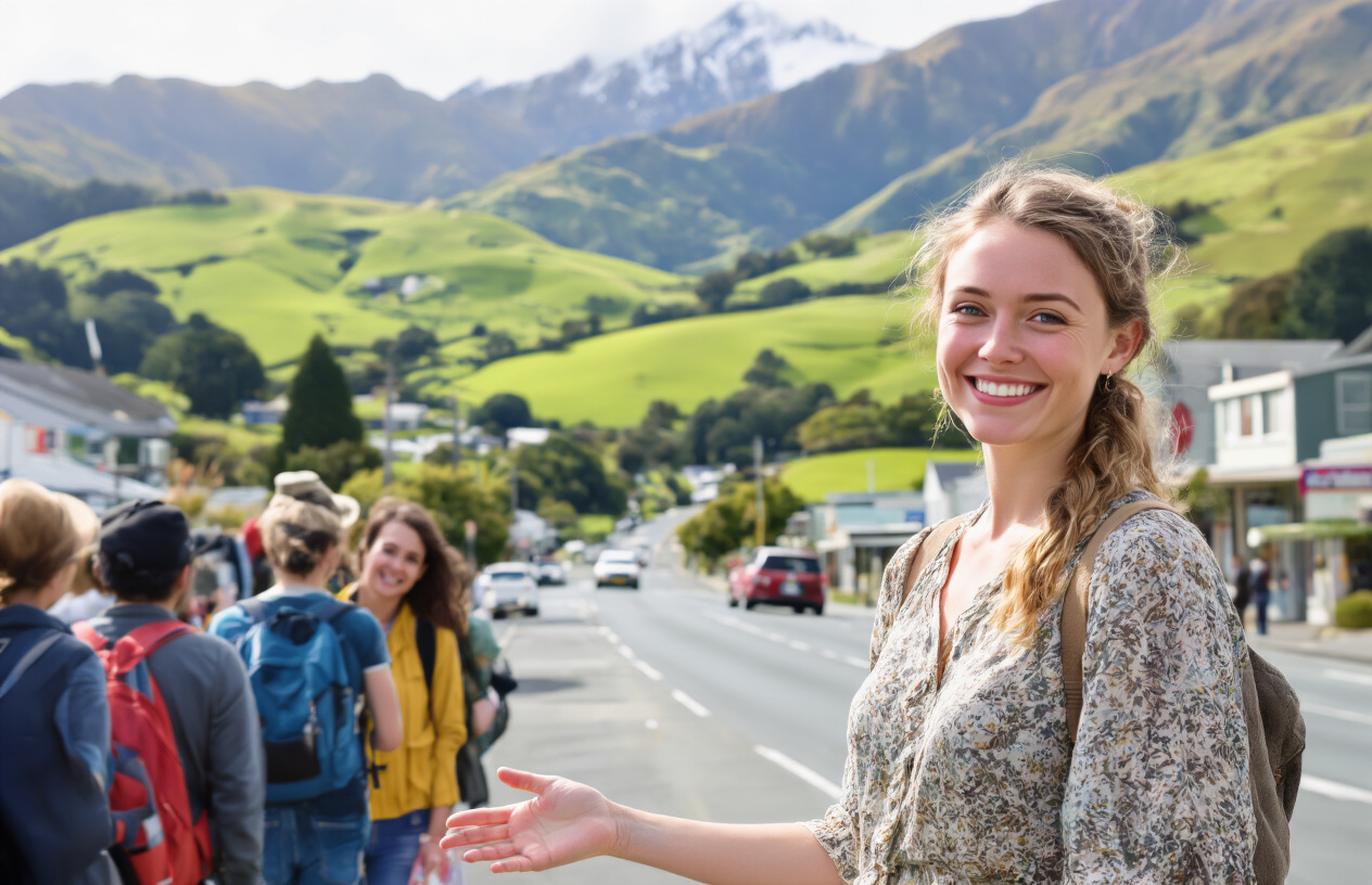 realistic image of a friendly interaction between a white female New Zealand local and a diverse group of tourists on a scenic New Zealand street, with the local woman smiling warmly and gesturing helpfully, surrounded by iconic New Zealand landscape elements like rolling green hills in the background, the scene bathed in soft natural daylight conveying a welcoming and positive atmosphere, Absolutely NO text should be in the scene.