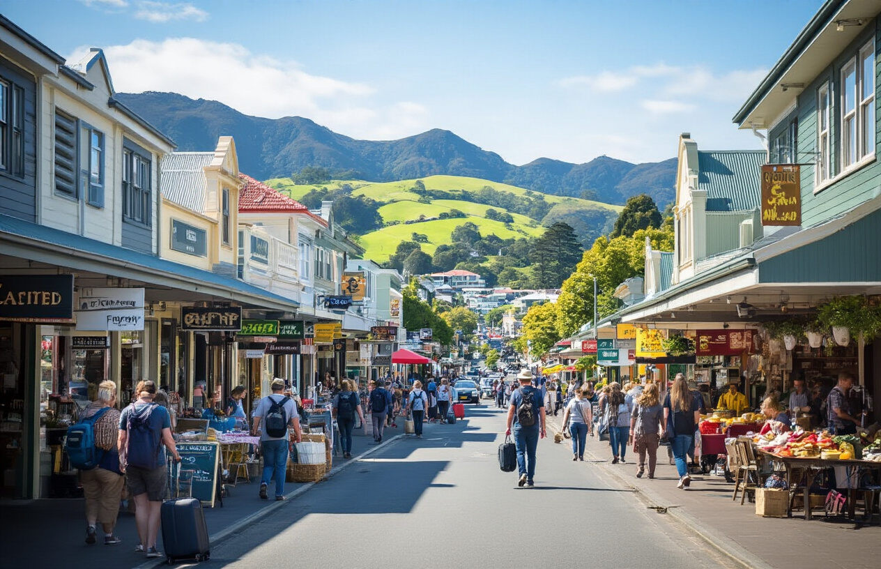 realistic image of a bustling New Zealand coastal town main street with local shops, cafes, and businesses thriving with activity, showing a mix of tourists with luggage and cameras alongside locals going about their daily routines, with visible signs of economic activity such as a busy market stall and full restaurant terrace, set against a backdrop of New Zealand's iconic green hills and clear blue sky, warm and vibrant daytime lighting conveying a prosperous yet slightly complex community atmosphere. Absolutely NO text should be in the scene.