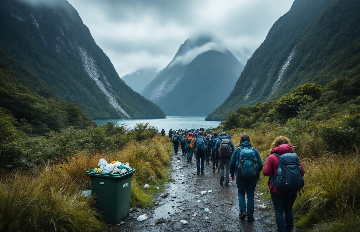 realistic image of a stunning but visibly stressed New Zealand natural landscape, such as a iconic fjord or green hiking trail, showing clear signs of environmental impact from heavy tourism, including overflowing waste bins, worn-out vegetation along a crowded path, and a large group of tourists with backpacks and cameras crowding the area, with moody overcast lighting casting a somber tone over the scene, emphasizing the tension between the beauty of the environment and the pressure of mass tourism. Absolutely NO text should be in the scene.