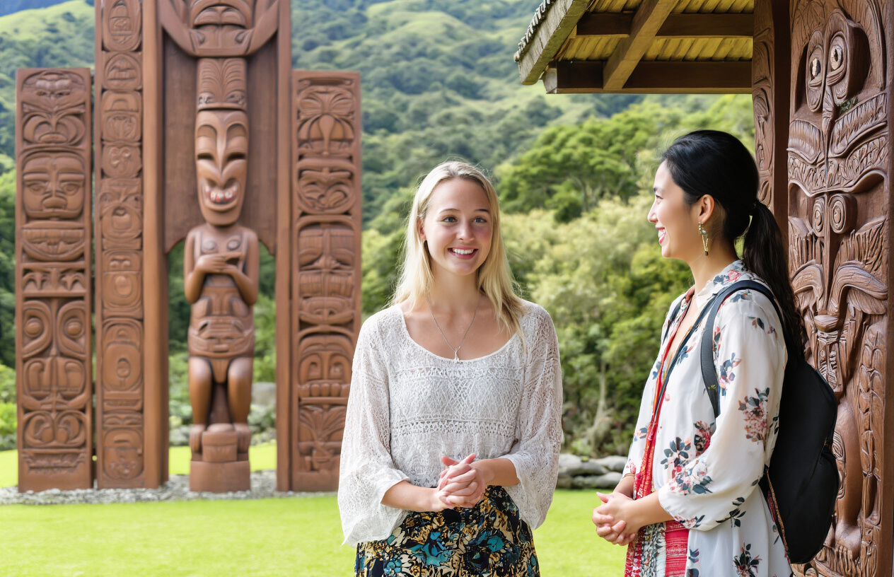 realistic image of a warm and respectful cultural exchange scene in New Zealand, featuring a white female New Zealand local and a Southeast Asian female tourist standing together near a traditional MÄori carved wooden structure (wharenui), both smiling and engaged in a friendly conversation, with the tourist respectfully observing the carvings, lush green New Zealand landscape visible in the background, soft natural daylight creating an inviting and harmonious atmosphere that conveys mutual respect and cultural appreciation. Absolutely NO text should be in the scene.