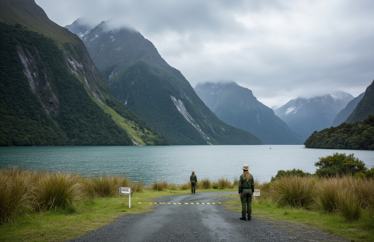 realistic image of a quiet, empty New Zealand tourist destination, such as a scenic fjord or famous hiking trail, with no visitors present, conveying a sense of stillness and solitude, with a small "closed" or "no entry" barrier subtly visible in the foreground, surrounded by lush green New Zealand landscape under overcast, moody lighting that reflects the uncertainty and disruption caused by the pandemic, with a lone white female park ranger standing in the distance looking out at the empty landscape, evoking a reflective and somber mood. Absolutely NO text should be in the scene.