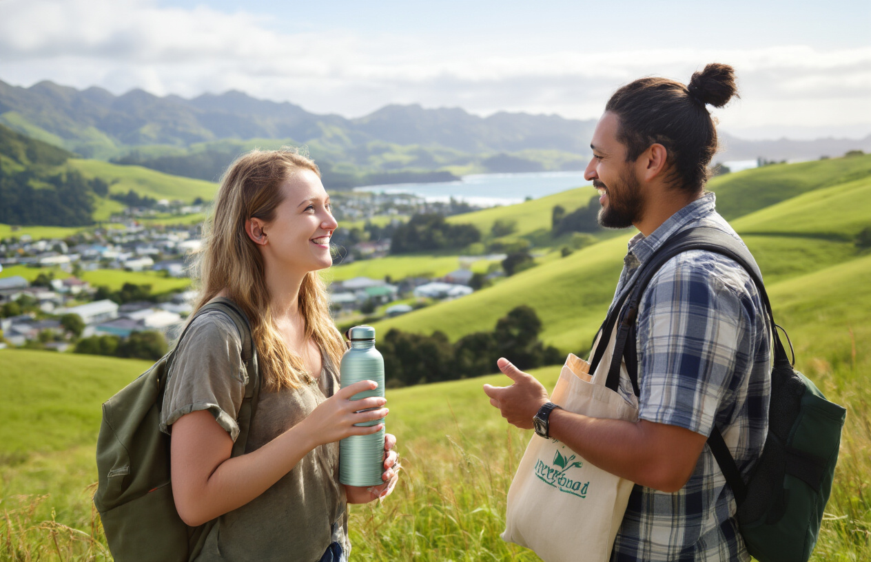 realistic image of a friendly interaction between a white female tourist and a MÄori male local in a scenic New Zealand setting, with the tourist respectfully engaging in conversation, smiling warmly, and holding a reusable water bottle and a eco-friendly bag, symbolizing responsible tourism, with lush green rolling hills and a small coastal town in the background, natural daylight casting a warm and welcoming atmosphere, conveying mutual respect and cultural appreciation. Absolutely NO text should be in the scene.