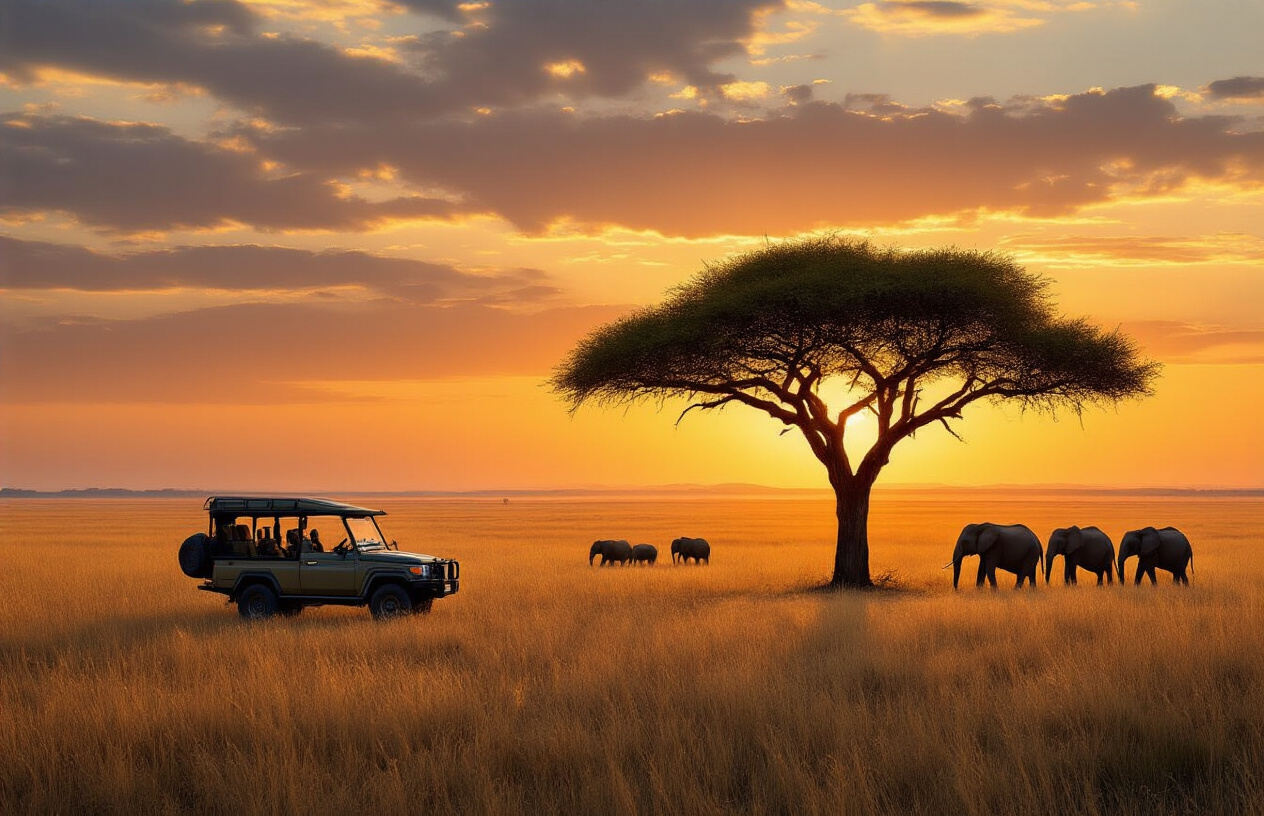 realistic image of a breathtaking Botswana safari landscape at golden hour, featuring a lone acacia tree silhouetted against a warm, glowing orange and amber sky, with a vast open savanna stretching into the horizon, a small open-top safari jeep parked in the distance surrounded by tall dry grass, and a herd of elephants grazing peacefully nearby, evoking a sense of awe, adventure, and the raw untamed beauty of the African wilderness, with soft golden light casting long shadows across the landscape. Absolutely NO text should be in the scene.