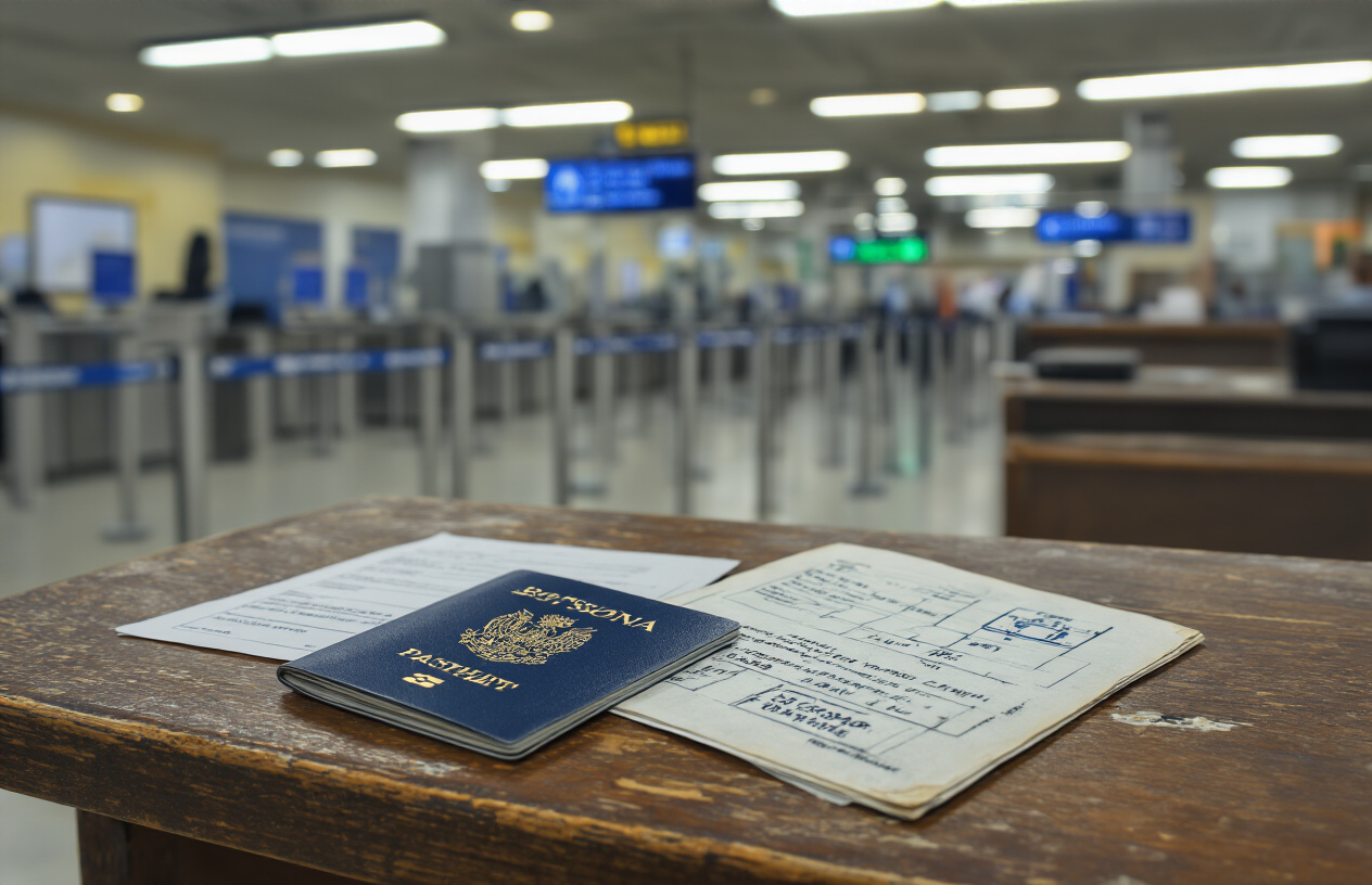 realistic image of a close-up view of a Botswana passport control counter at an international airport, featuring a worn wooden desk with an open passport, entry forms, and an official immigration stamp, with a blurred background showing a customs checkpoint barrier and arrival signage, lit by bright fluorescent overhead lighting creating a formal and slightly tense atmosphere, conveying the feeling of bureaucratic uncertainty a tourist might experience upon arrival. Absolutely NO text should be in the scene.